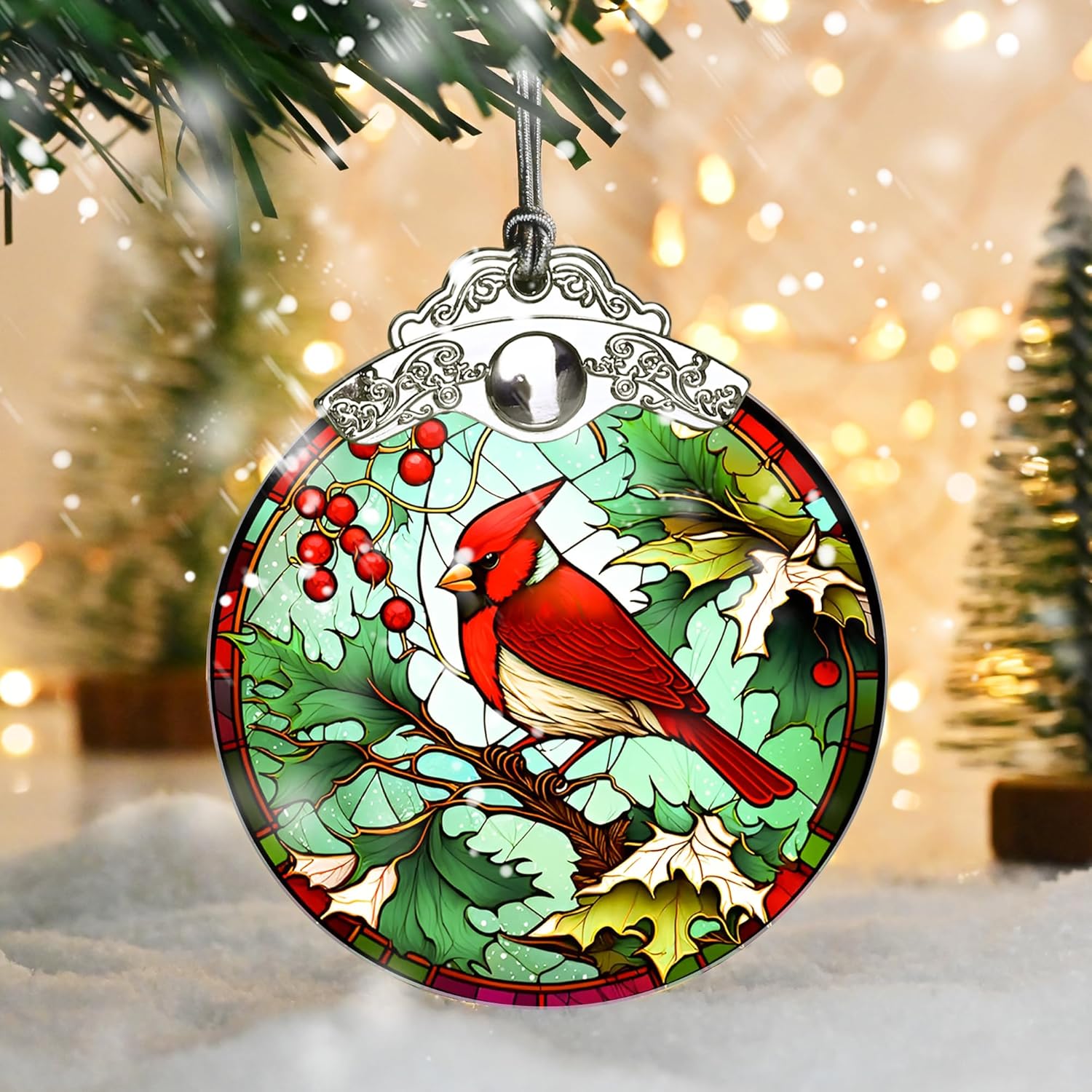Stained Glass Christmas Ornament, Jocidea Christmas Decorations, Cardinal Christmas Tree Ornament, Holiday Decor and Xmas Gifts Ideas