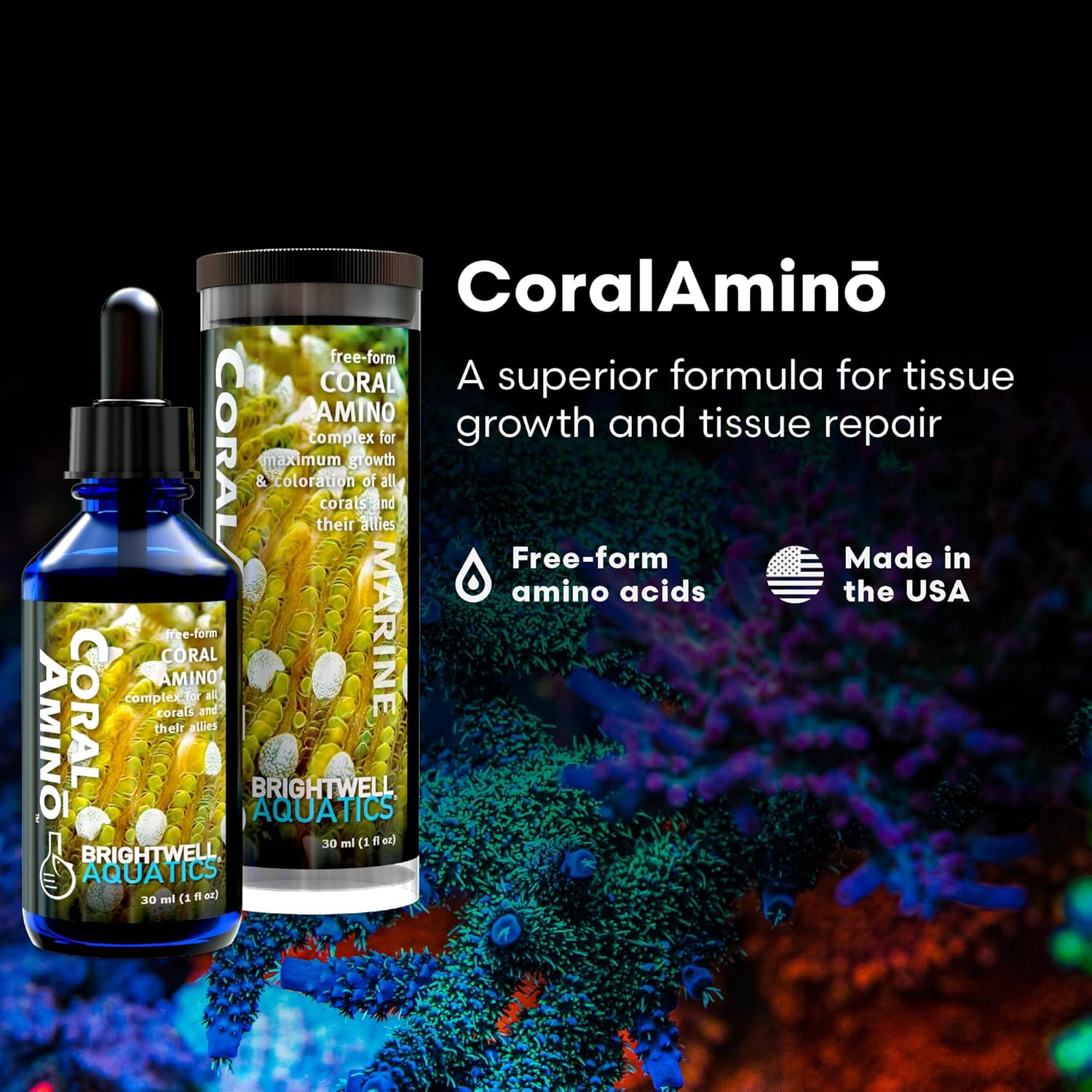 Brightwell Aquatics CoralAmino - Complex of Amino Acids for Corals - Coral food for Aquarium Coral Growth - Saltwater Aquarium Treatments, 1.01 fl oz