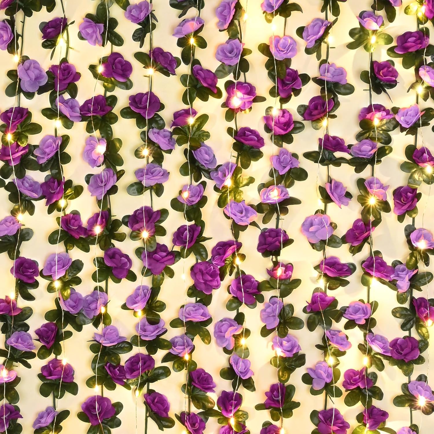 BLEUM CADE 12Pcs 98.4Ft Flower Garland Artificial Rose Vines with 98.4Ft String Lights, Cute Fake Hanging Flower Vines Floral Garland Decorations for Wedding Party Wall Room Decor Aesthetic
