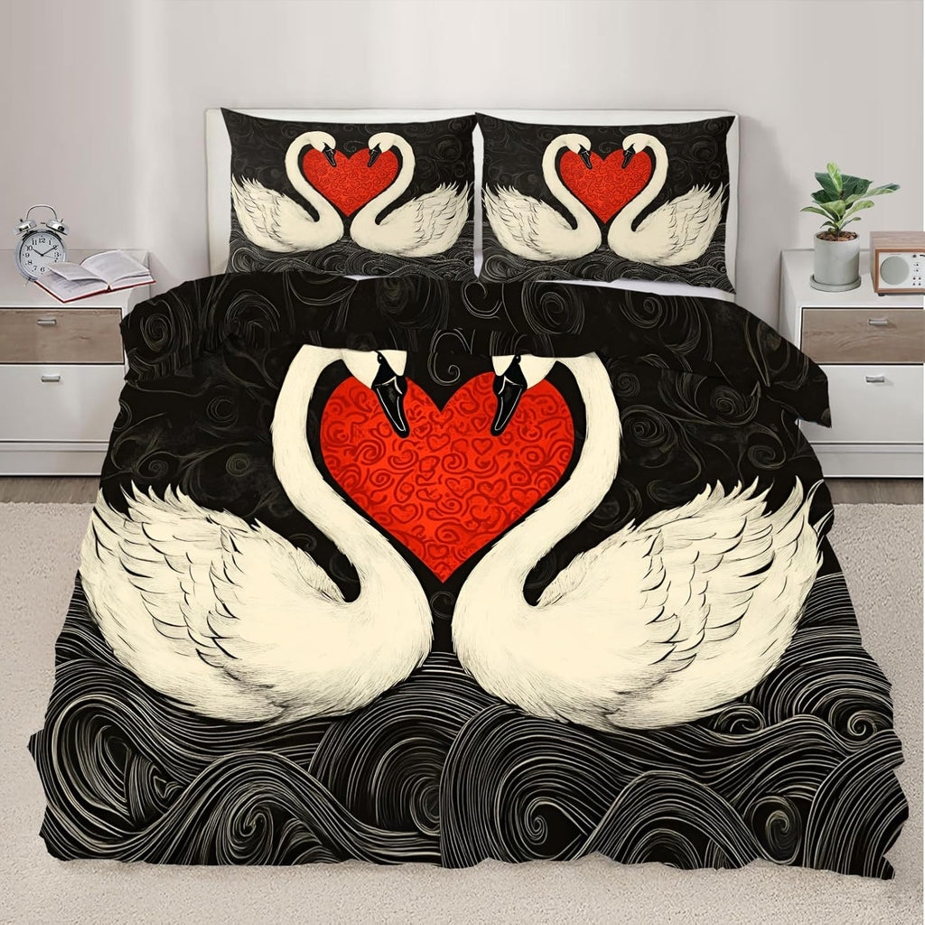 White Swan Duvet Cover California King, Romantic Love Birds Bedding Set 3 Piece Bedroom Decor Hand Drawn Art Swan Comforter Cover with Zipper Ties & 2 Pillowcases