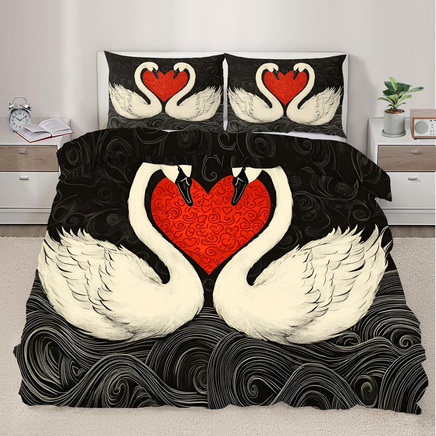 White Swan Duvet Cover Twin Romantic Love Birds Bedding Set 2 Piece for Kids Bedroom Hand Drawn Art Swan Comforter Cover with Zipper Ties & 1 Pillowcases