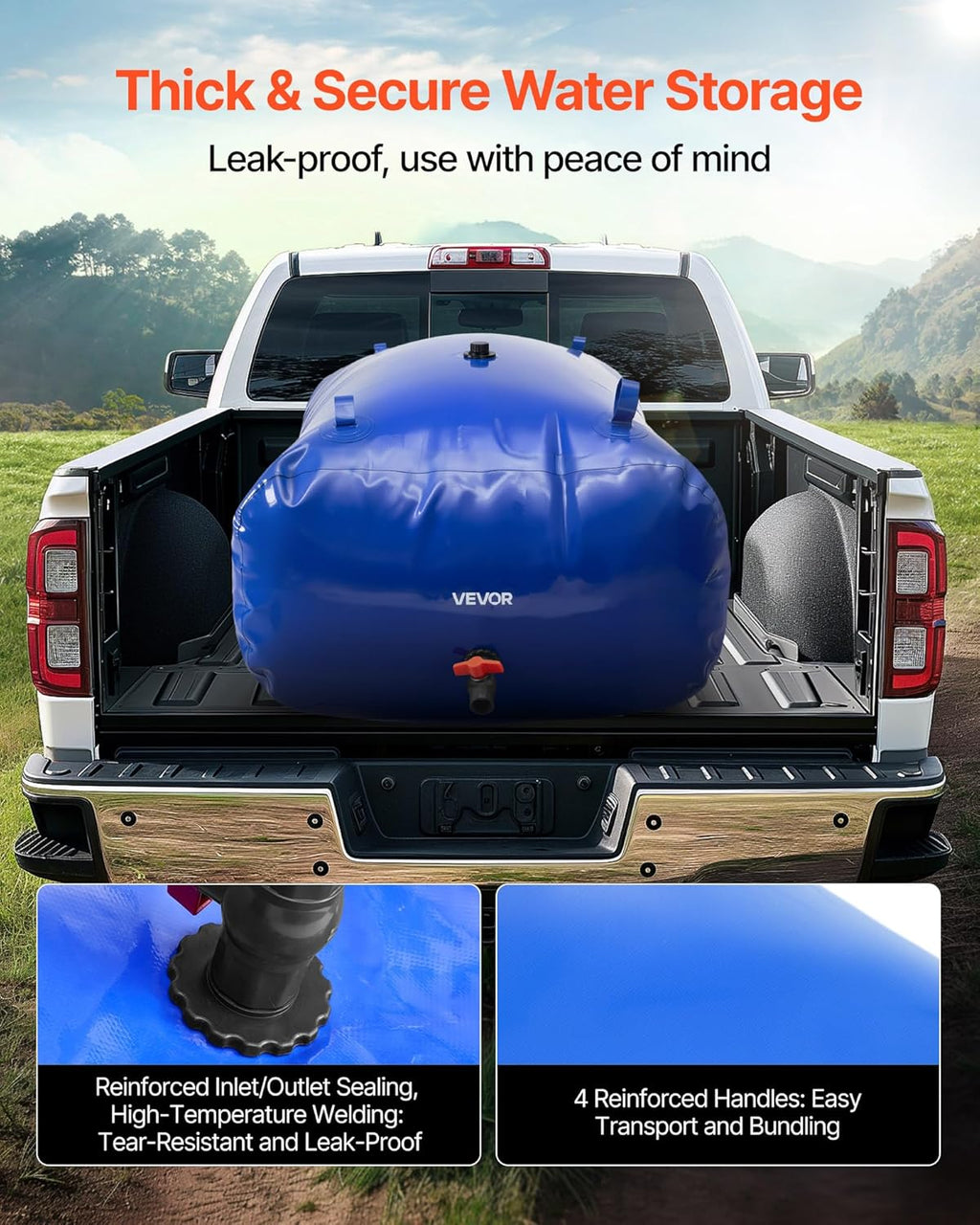VEVOR Water Storage Bladder, 540L/142.7Gallon Water Storage Container Tank, 1000D PVC Large Capacity Soft Bag Bladder, Foldable Portable for Garden Irrigation, Camping, RV, Fire Prevention - Blue
