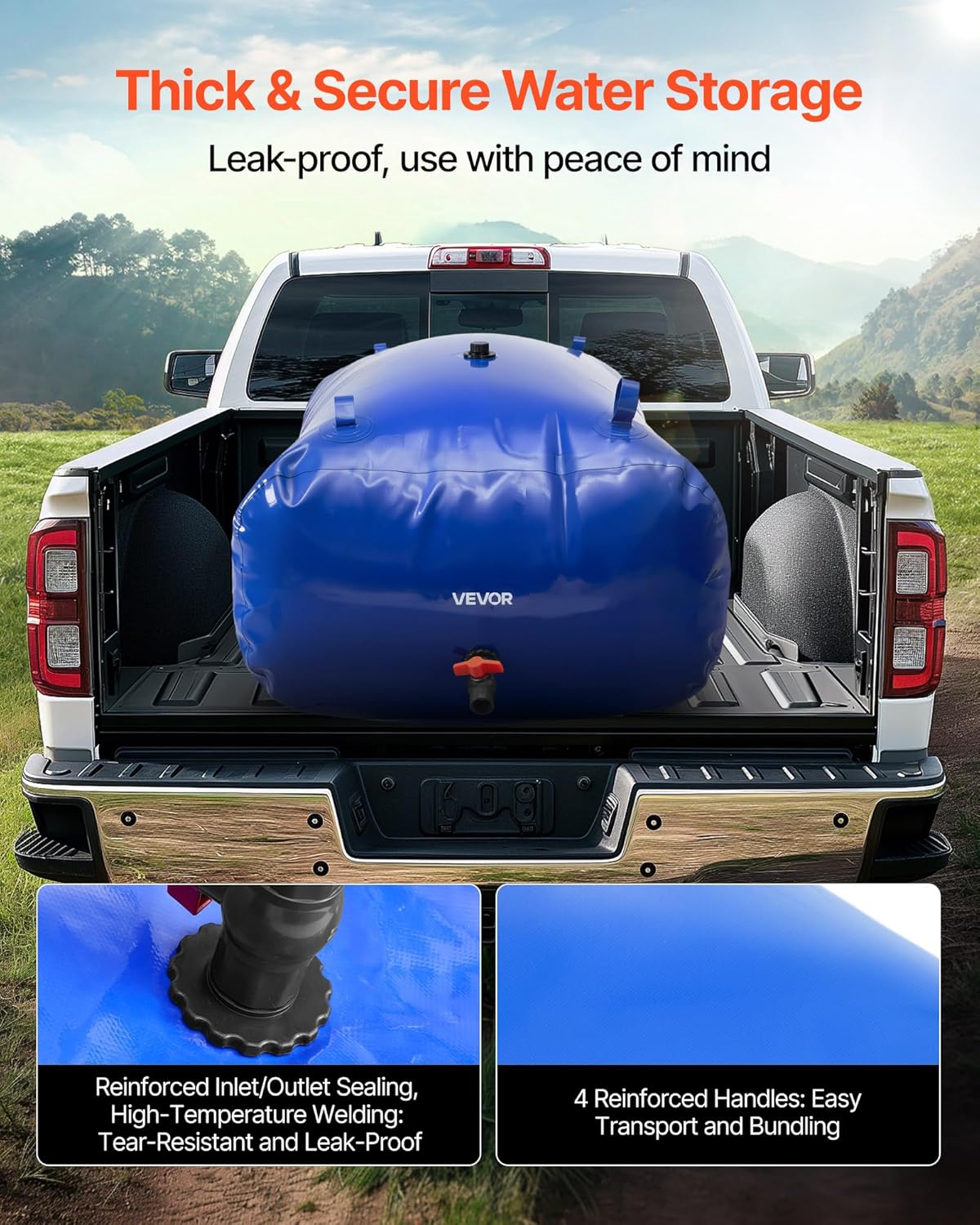 VEVOR Water Storage Bladder, 540L/142.7Gallon Water Storage Container Tank, 1000D PVC Large Capacity Soft Bag Bladder, Foldable Portable for Garden Irrigation, Camping, RV, Fire Prevention - Blue