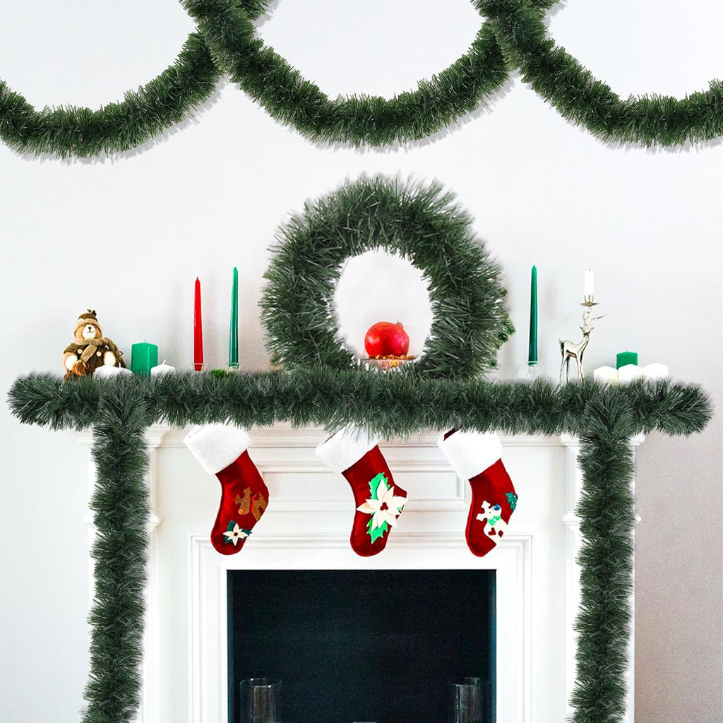 50 Feet Christmas Greenery Garland Decorations, Artificial Green Pine Garlands Xmas Tree Decor Soft Tinsel Garlands Non-Lit for Stairs Mantle Fireplace Home Indoor Outdoor Holiday Party Supplies