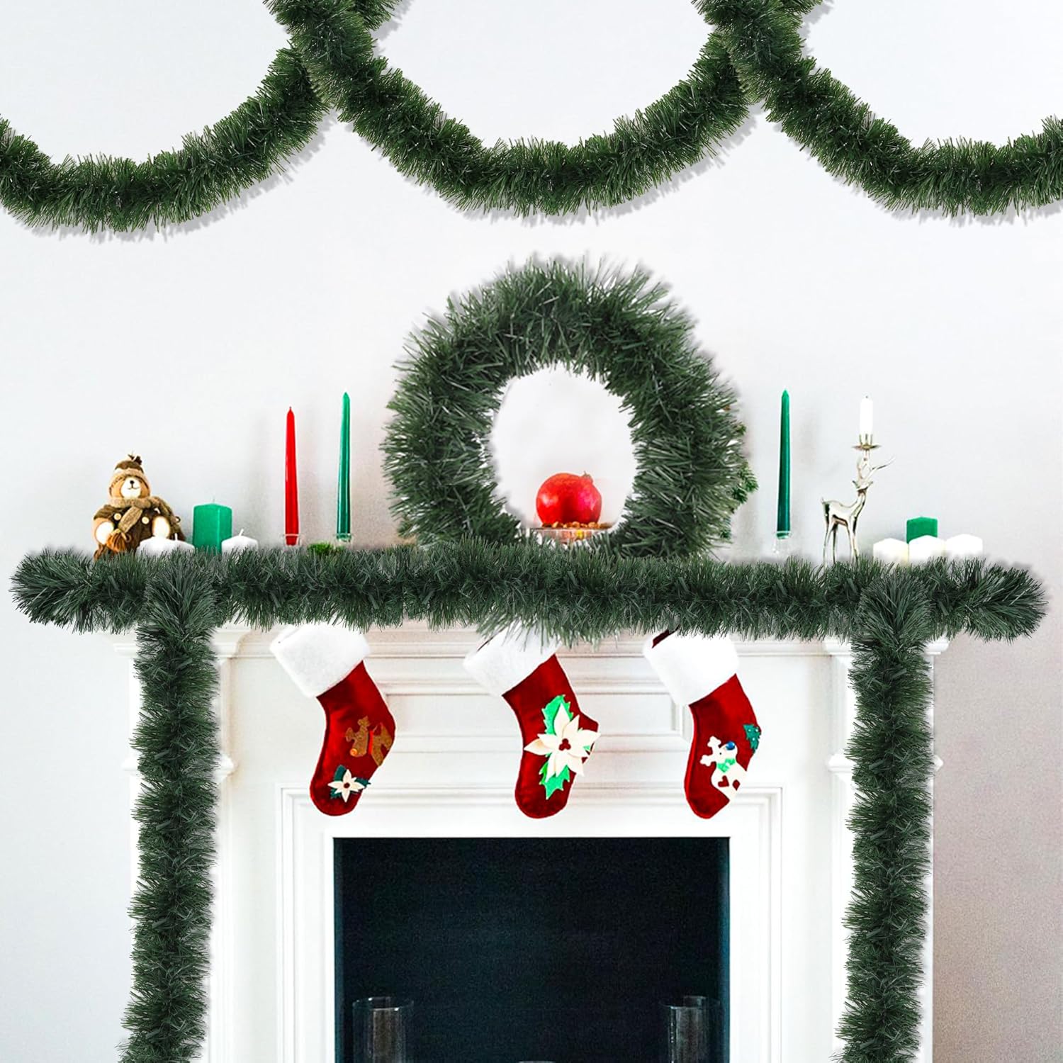 50 Feet Christmas Greenery Garland Decorations, Artificial Green Pine Garlands Xmas Tree Decor Soft Tinsel Garlands Non-Lit for Stairs Mantle Fireplace Home Indoor Outdoor Holiday Party Supplies
