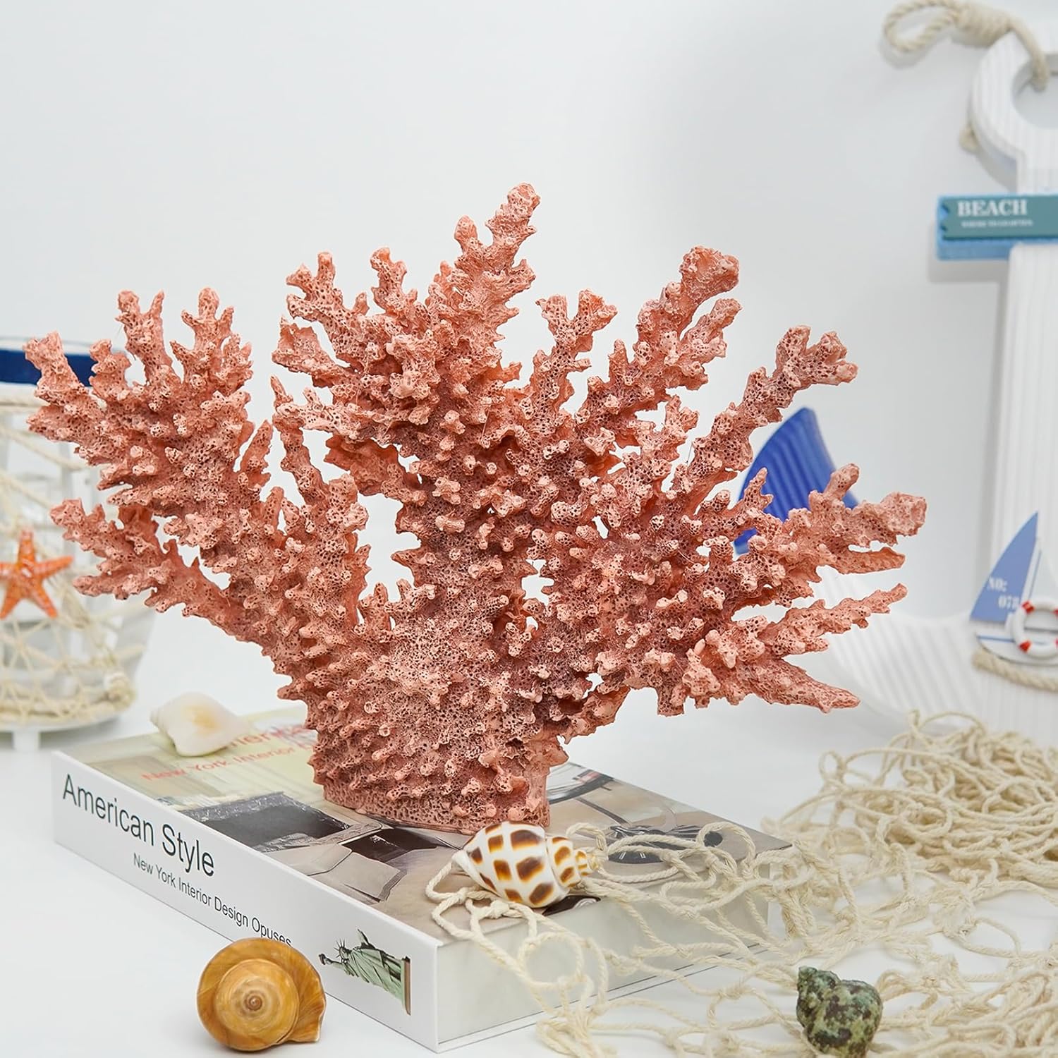 Coral Coastal Decor, Artificial Resin Coral Reef Statue, Coastal Room Decor Beach Decorations for Home Bathroom Bedroom,Ocean Themed Decor for Office,Aquarium,13.5''Lx10''H, 1008P, Pink;