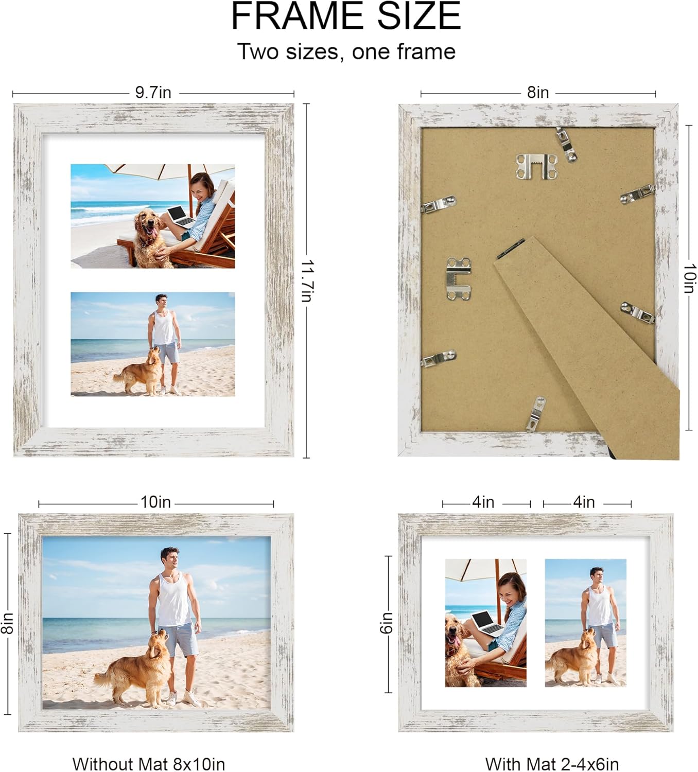 8x10 Picture Frame Set of 2, Distressed White Wood Frame with Glass Collage Frame, Display Pictures Two 4x6 With Mat or 8 x 10 Without Mat - Horizontal or Vertical Wall Mounting