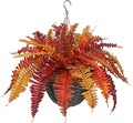 Hollyone Fall Artificial Fern Fall Hanging Baskets Outdoor Indoor Silk Plant Boston Ferns Autumn Potted Plants with Black Rattan Pot for Fake Fern Bush Plant Patio Garden Farmhouse Home Decor Orange