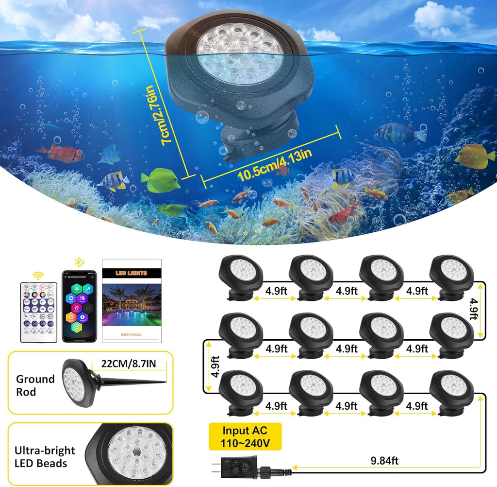 T-SUN Pond Lights LED Underwater 16M Colors with App and Remote, Submersible Fountain Light with Timer and Dimmable, Music Sync, Outdoor Spotlights for Koi Pond, Garden, Yard