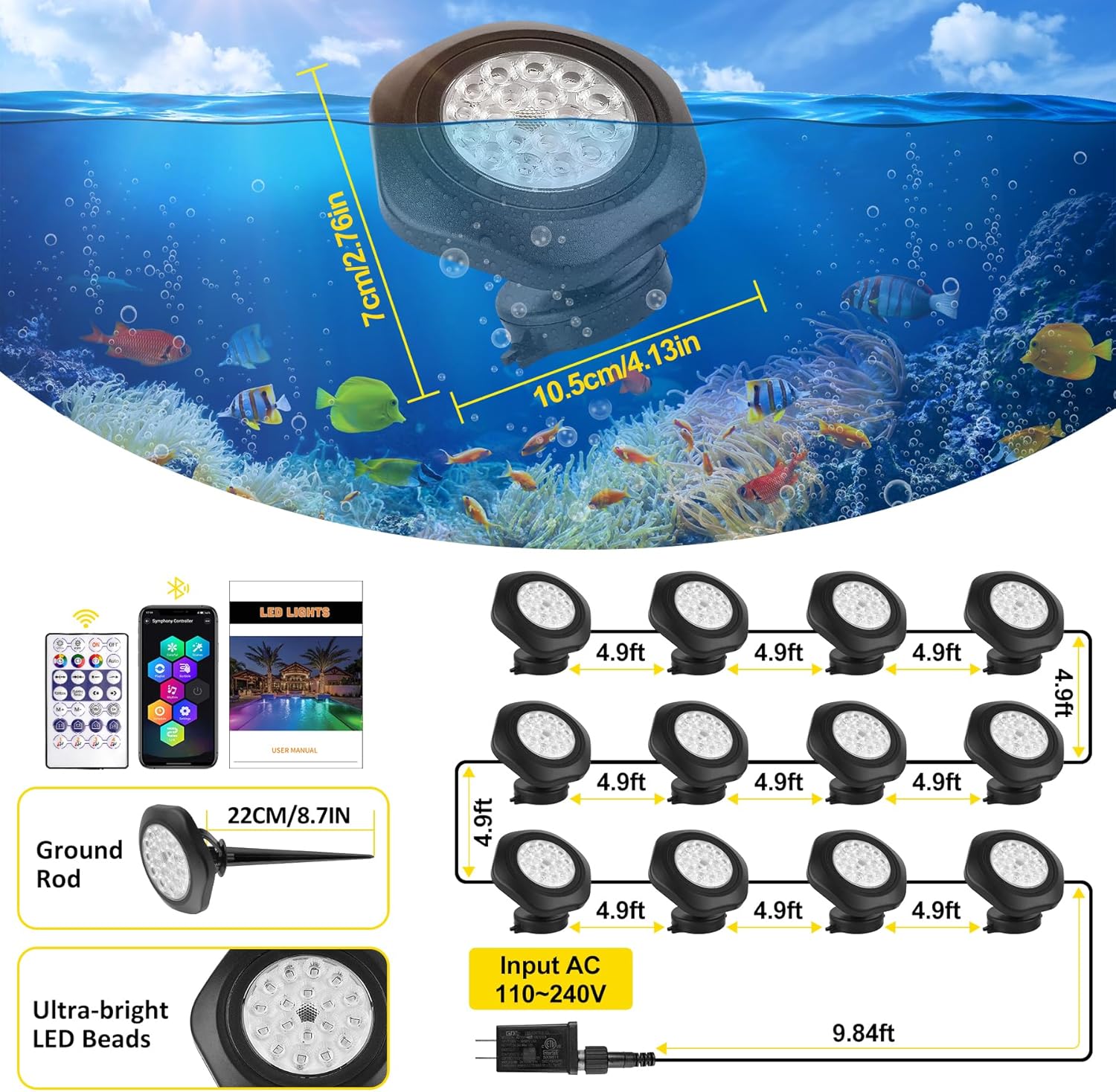 T-SUN Pond Lights LED Underwater 16M Colors with App and Remote, Submersible Fountain Light with Timer and Dimmable, Music Sync, Outdoor Spotlights for Koi Pond, Garden, Yard