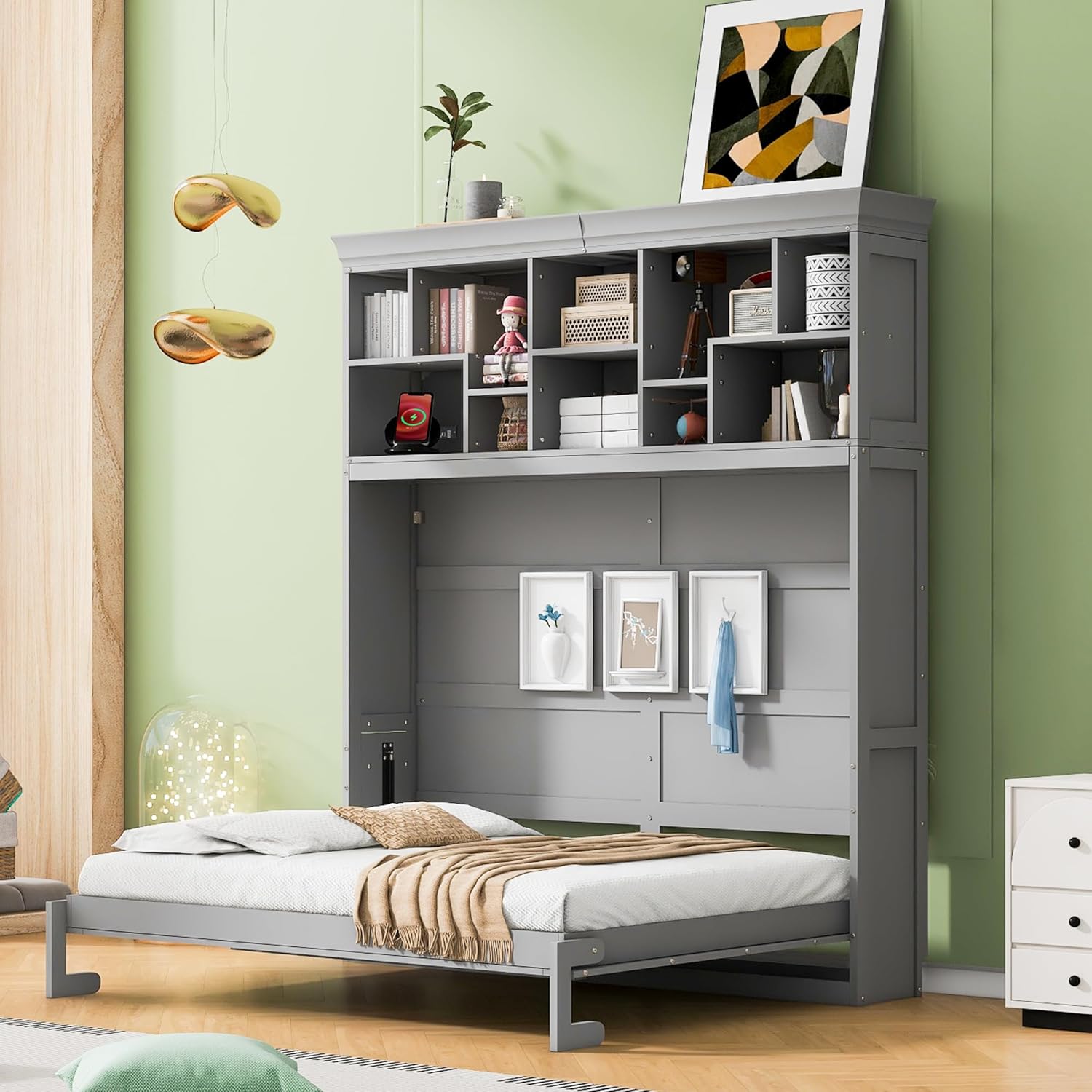 Merax Farmhouse Solid Wood Murphy Bed Chest with Top Shelves & USB Charging, Storage Wall Platform Bed with Wood Slat Support/Space Saving Queen,Gray