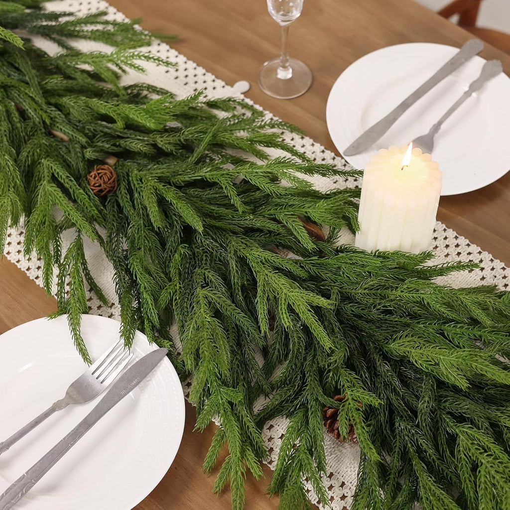 9FT Real Touch Norfolk Pine Garland - Artificial Christmas Garland Fake Green Faux Pine Needles Garland for Table Fireplace Mantle Holiday Home Indoor Outdoor Decor (2PCS)