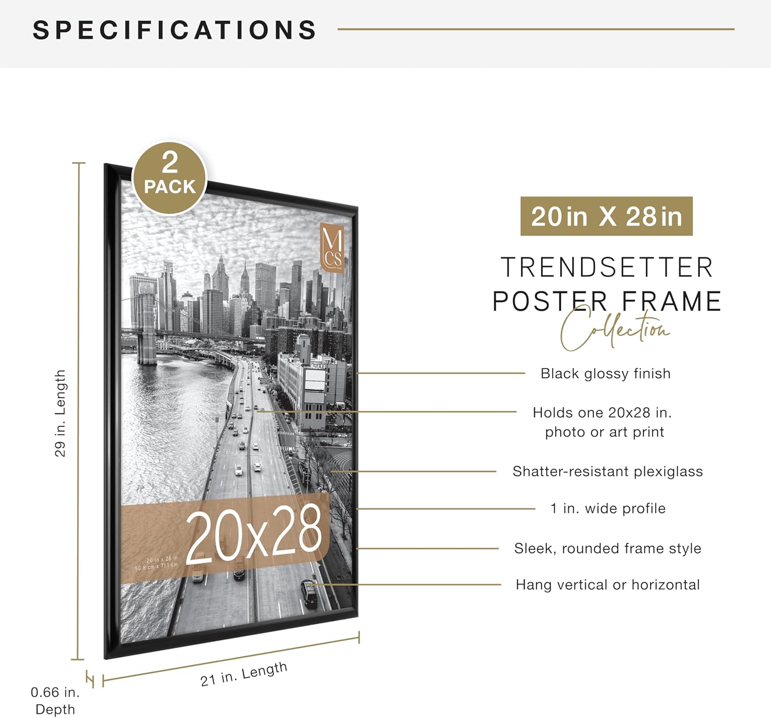 MCS Trendsetter 20x28 Poster Frame Black High-Gloss, Vertical & Horizontal Wall Hanging Large Picture Frame for Photos, Posters & Art Prints (2-Pack)