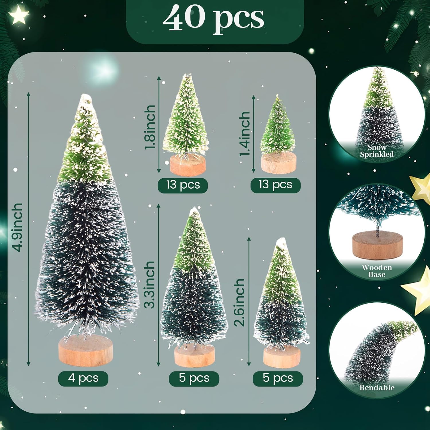 LOVEINUSA 40Pcs Mini Sisal Snow Frost Bottle Brush Trees in 5 Sizes for Christmas DIY Home Decoration and Tabletops