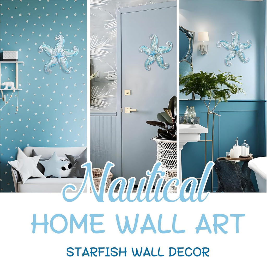 POXOHO Metal Starfish Wall Decor, Sea Life Coastal Decorations 12 inch Starfish Wall Art, Nautical Home Decoration Handing Ocean Beach Wall Art for Garden,Fence,Home,Patio,Kitchen,Bathroom,(Sky Blue)