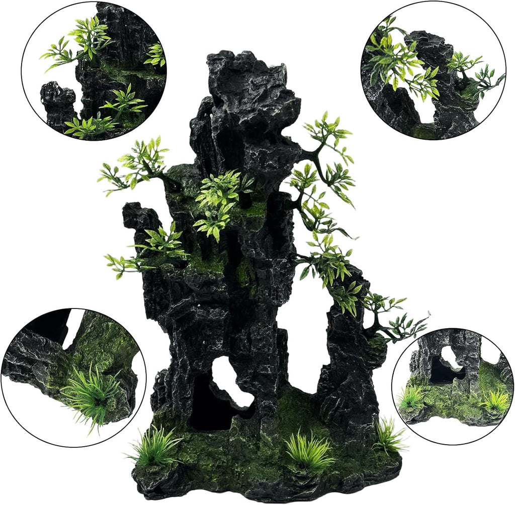 Large and Tall Fish Tank Decorations Aquarium Mountain View Stone Decorations Resin Rock Aquascaping with Hiding Cave, Fish Tank Accessories Aquarium Ornaments with Small Plants (C)