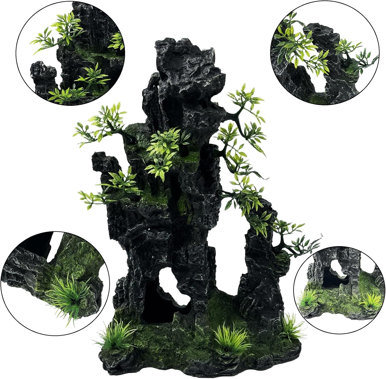 Large and Tall Fish Tank Decorations Aquarium Mountain View Stone Decorations Resin Rock Aquascaping with Hiding Cave, Fish Tank Accessories Aquarium Ornaments with Small Plants (C)