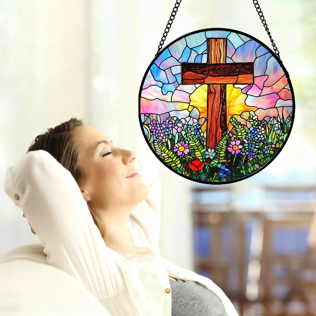 Christian Gifts for Women - Cross Stained Glass Window Hanging Jesus Easter Colorful Wildflowers Sun Catcher Garden Religion Decor Mother's Day Catholic Gift for Men Grandma Mom Her 6.3"