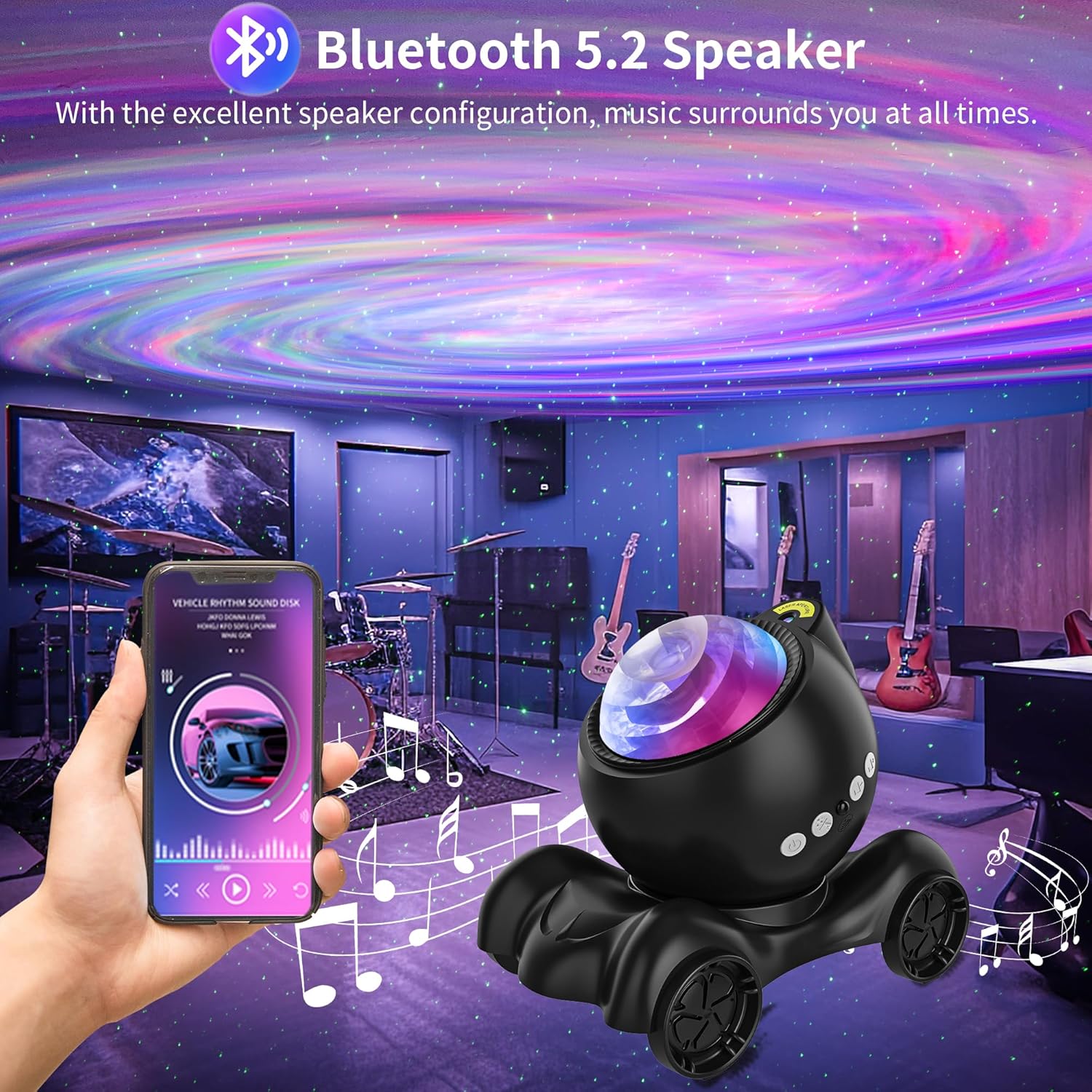 ENOKIK Galaxy Projector, Star Aurora Projector Built-in Bluetooth Speaker, Night Light for Kids Adults, White Noise Light for Home Decor/Relaxation/Party/Music/Gift (Black)