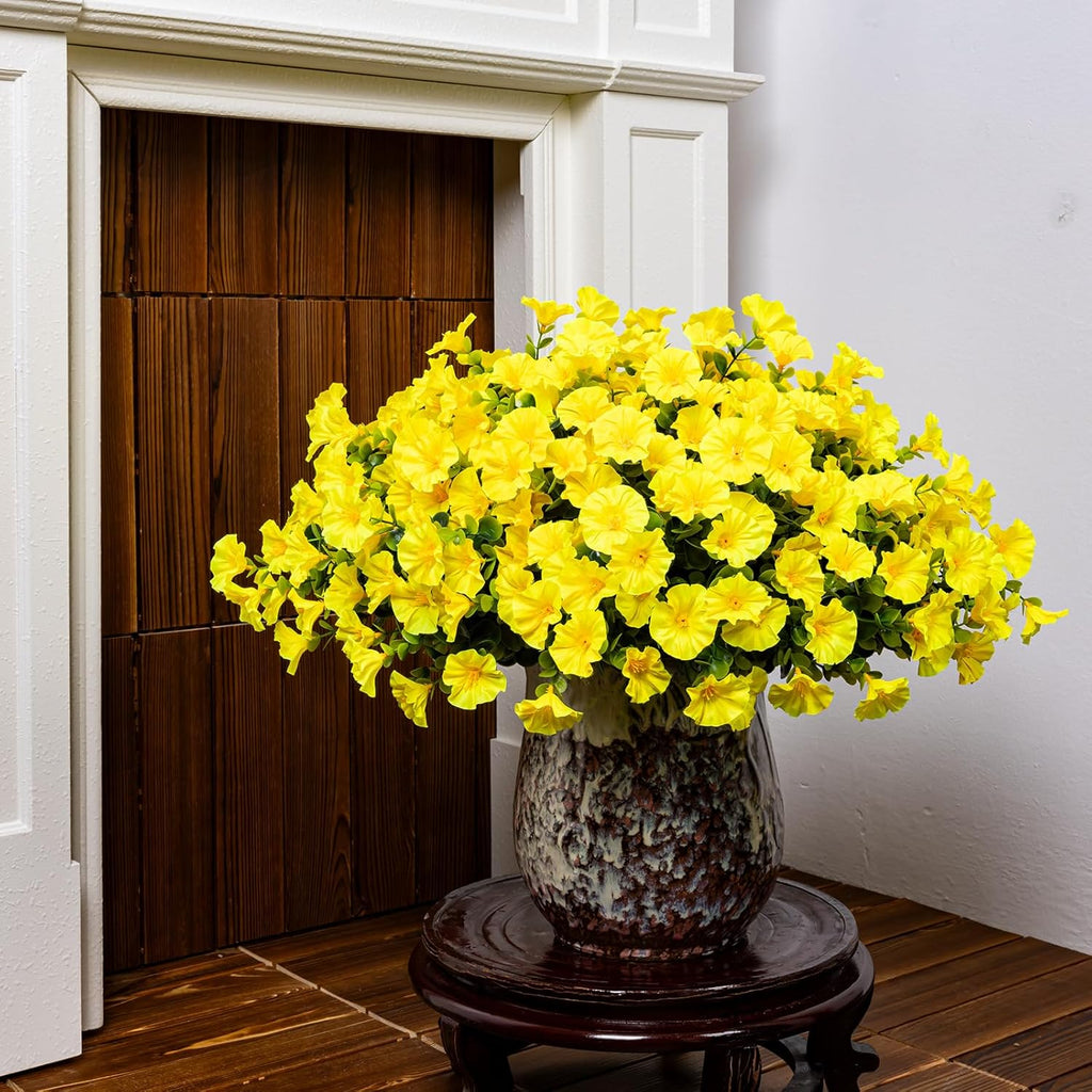 Artificial Faux Flowers for Outdoor 16 Bundles Boxwood Fake Morning Glory for Planter,UV Resistant Fake Flowers for Home Porch Patio Outside（Yellow）