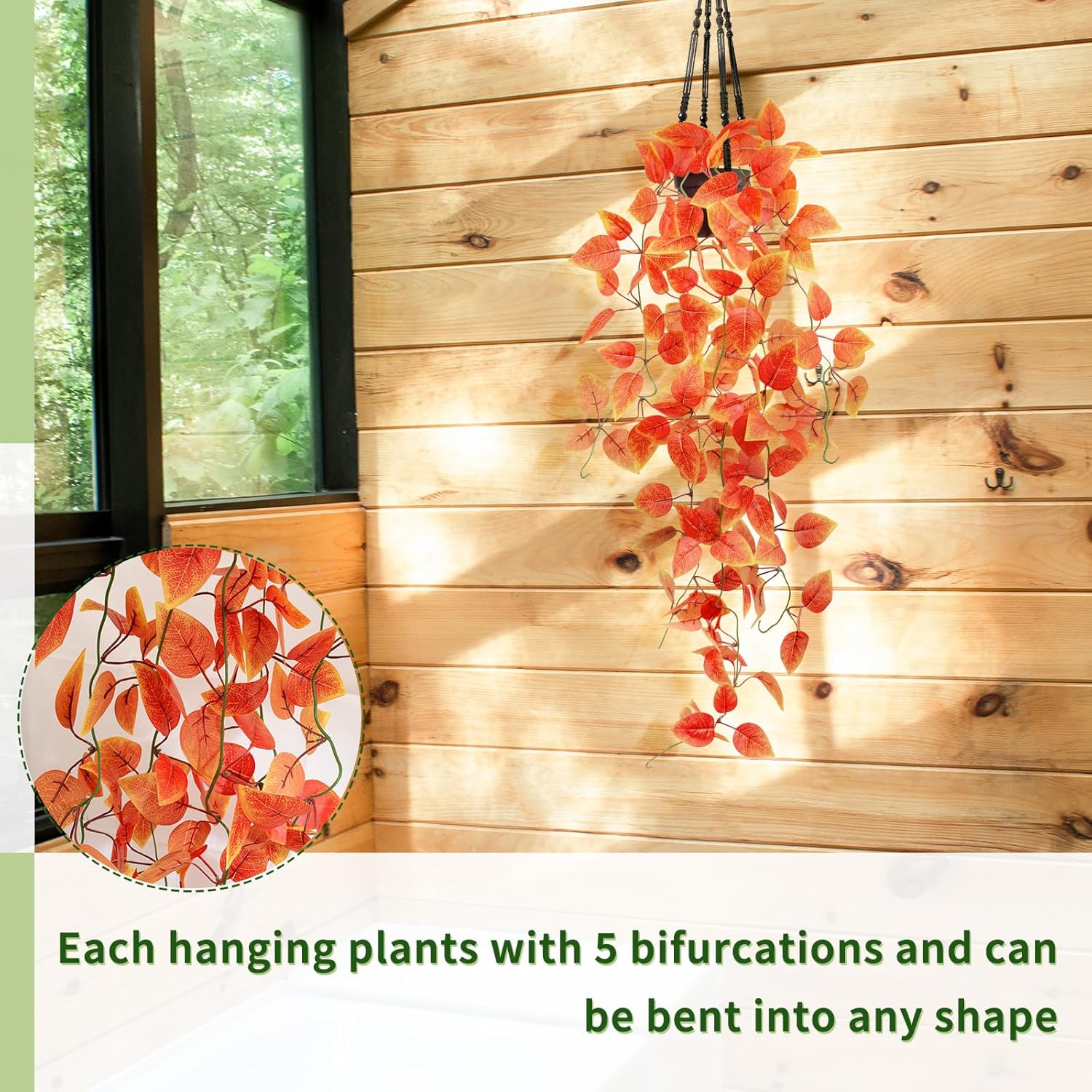2 Pack Artificial Fall Plants Hanging Orange Vines Potted Fall Foliage Fake Pothos Trailing Plant Autumn Decoration for Indoor Outdoor Thanksgiving Bathroom Wall Kitchen Room Shelf Decor (Black Pot)
