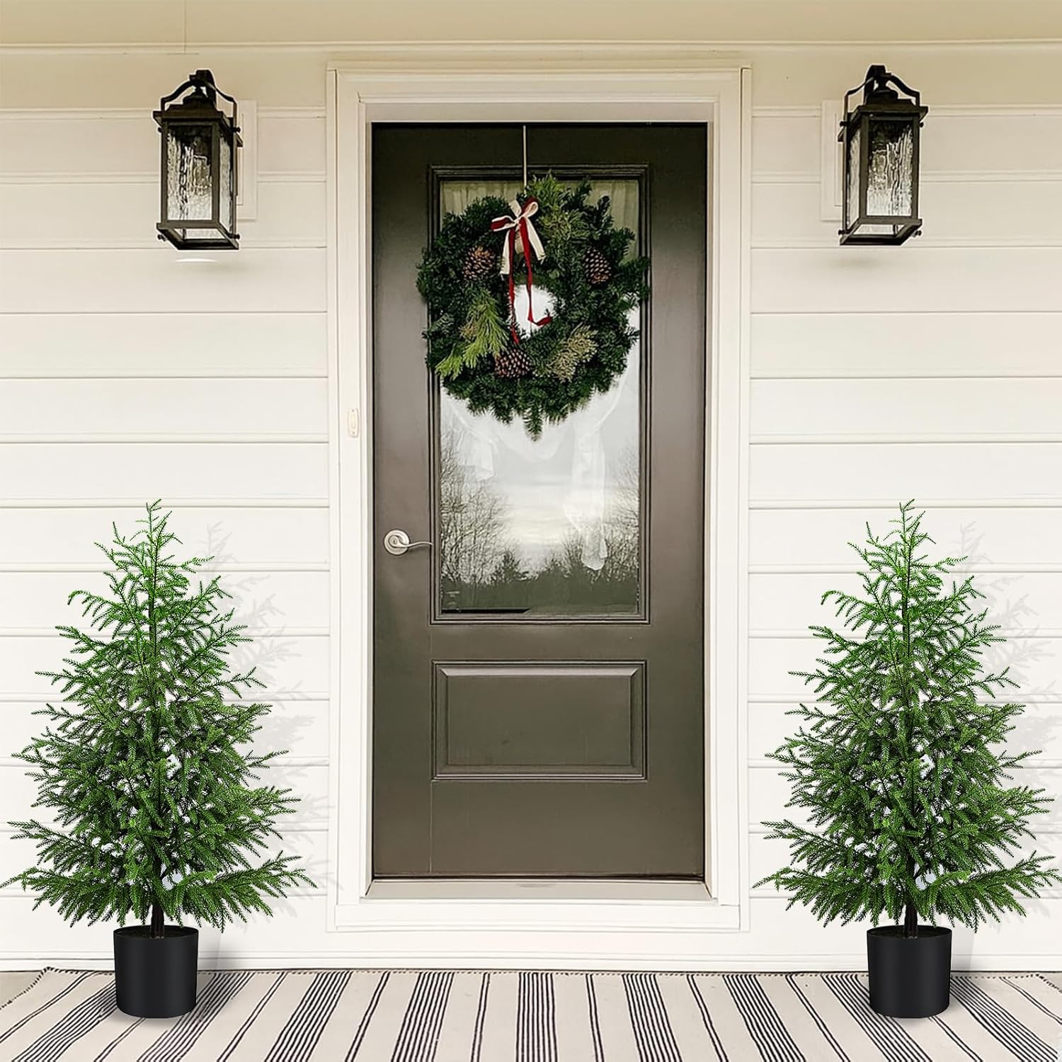 Norfolk Pine Christmas Tree Real Touch Faux Tree with Black Pot, Realistic Indoor Holiday Decor fo Christmas Entryway, Living Room Office (4FT-2Pack)