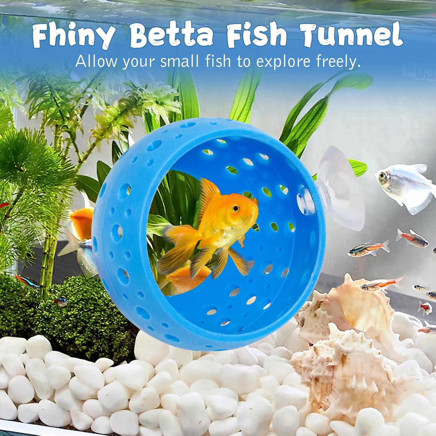 Fhiny Betta Tunnel, 2 PCS Aquarium Fish Hideout with Suction Cup Tank Tunnel Shrimp Cave Aquarium Ornament Fish Tank Accessories for Shrimp Betta Guppy Hiding Resting (Blue)