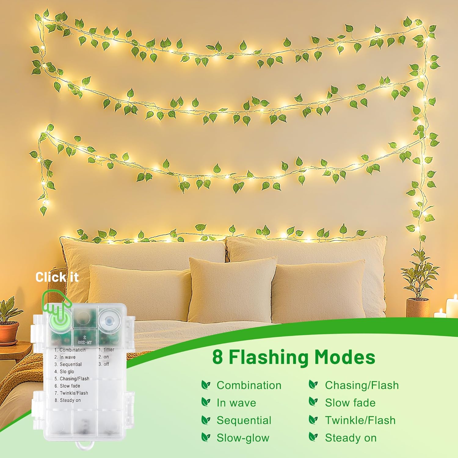 YOUNGAR Vine with Fairy Lights Battery/USB Operated,23ft 73 LED Pothos String Lights with Memory and Timer,Leaf Lights for Bedroom, Room, Garden, Party, Wedding,Wall Decor (Warm White)
