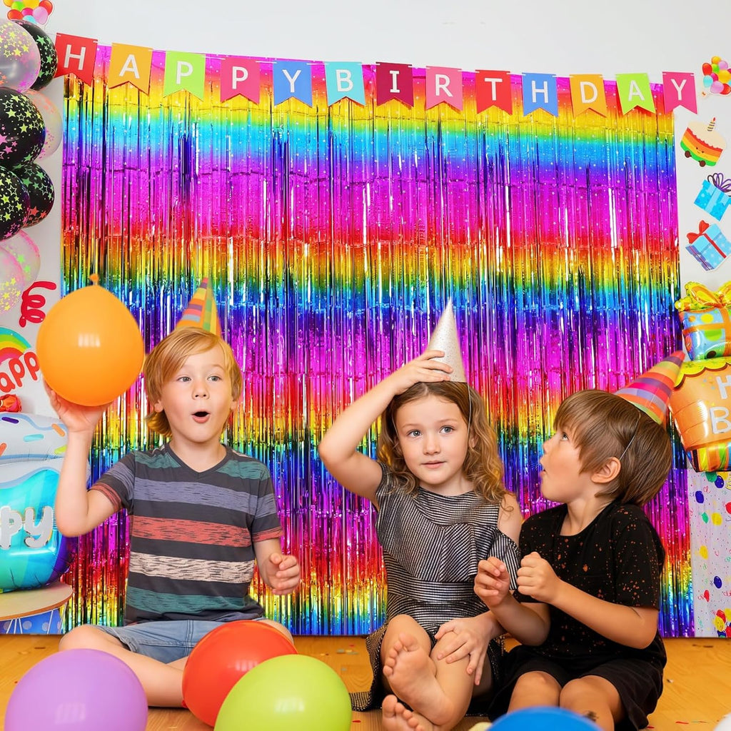 Sparkly Neon Rainbow Foil Fringe Curtain Backdrop Metallic Streamers Photo Booth Props for Birthday Bachelorette Gay Pride Day Graduation Wedding 80s 90s Disco Party Decorations- 2 Packs (3.3x6.6Ft)