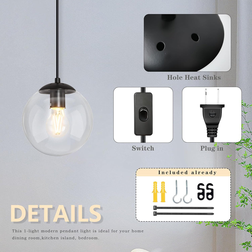 KoKo&Yukina 8" Globe Pendant Light Black Plug in Pendant Light Adjustable Hanging Lights with Plug in Cord Matte Black Finished with Clear Glass Lampshade for Bedroom Kitchen Island（Bulb Included）