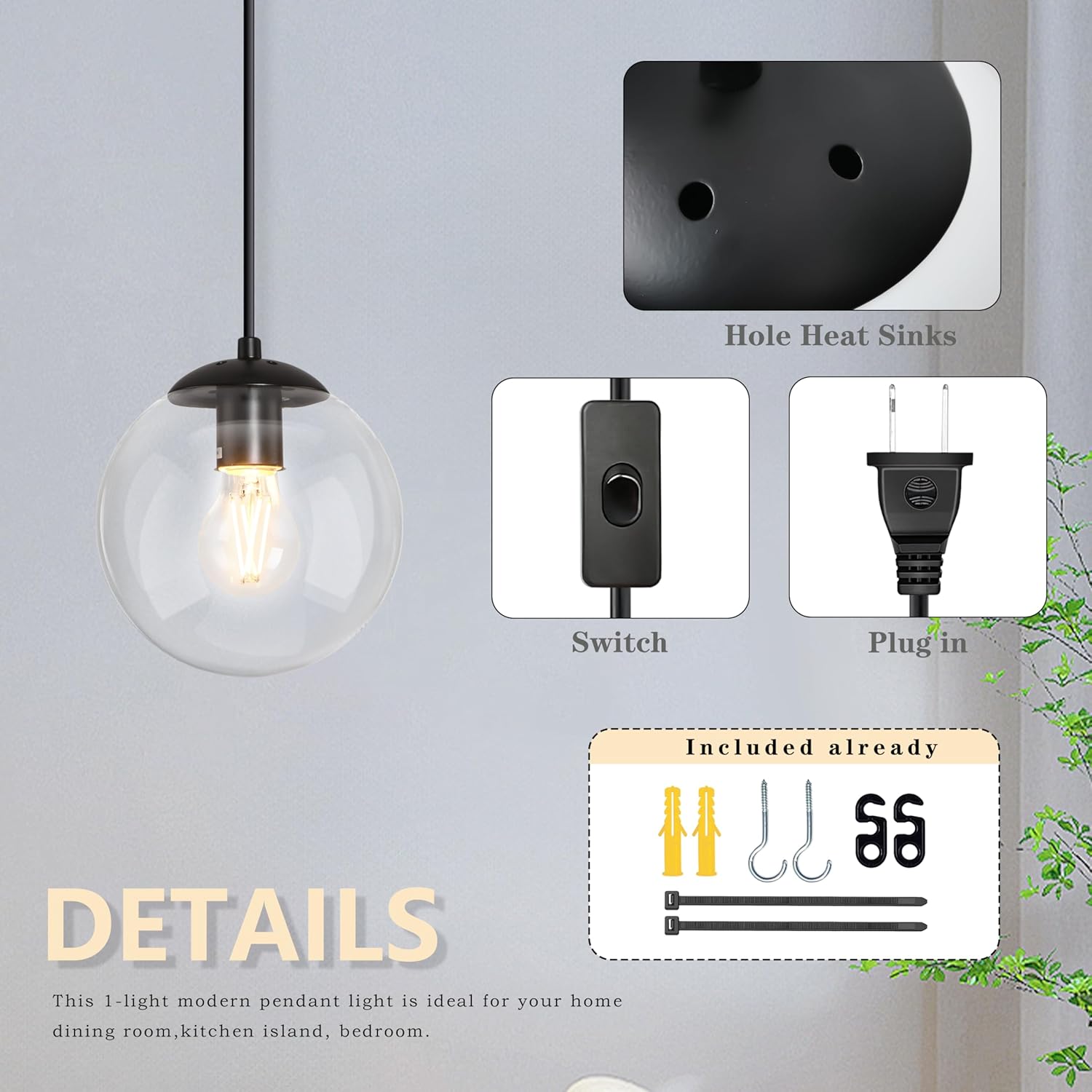 KoKo&Yukina 8" Globe Pendant Light Black Plug in Pendant Light Adjustable Hanging Lights with Plug in Cord Matte Black Finished with Clear Glass Lampshade for Bedroom Kitchen Island（Bulb Included）