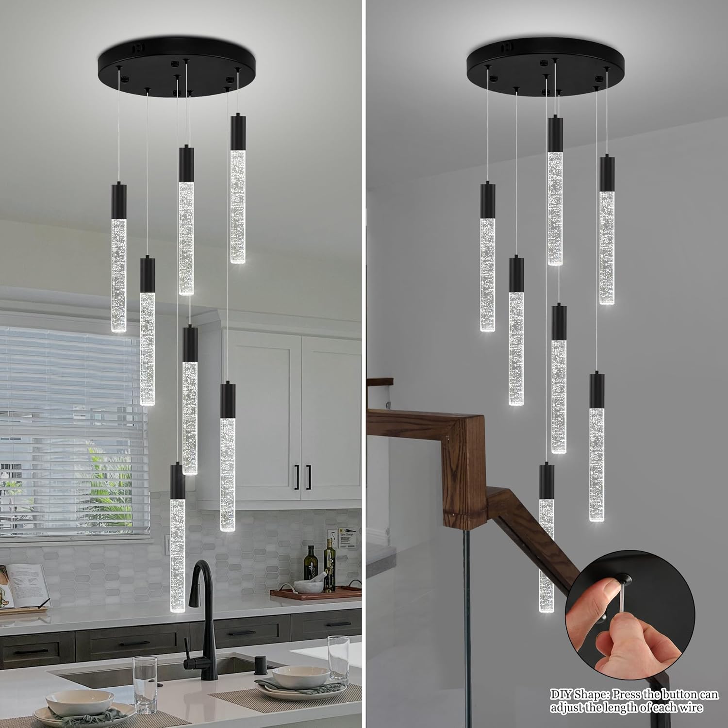 Modern High Ceiling Crystal Chandelier 7-Lights, Spiral LED Raindrop Foyer Pendant Lighting, Bubble Staircase Living Room Hanging Light Fixture Flush Mount Black