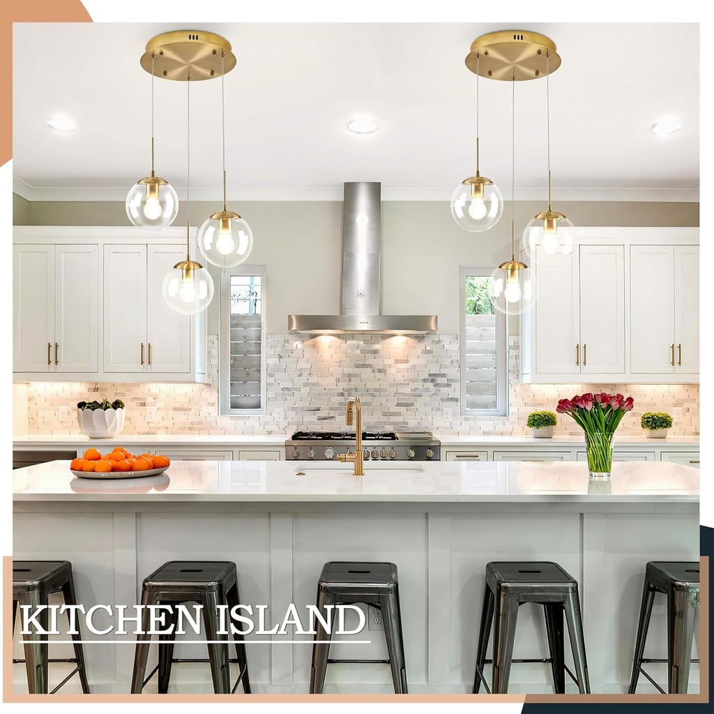 KoKo&Yukina 3-Light Globe Glass Pendant Light Modern Gold Clear Globe Glass Chandelier Adjustable Length Pendant Lights Fixtures High Ceiling Light for Kitchen Island Foyer (Bulb & Remote Incl.)