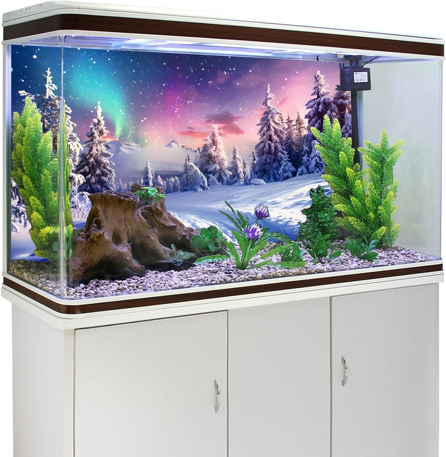 YongFoto Fish Tank Background - 48x18 inch Winter Snow Scene Aquarium Backdrop with Pine Forest, Rime, Starry Sky, Aurora for Reptile Terrarium & Bearded Dragon Habitat