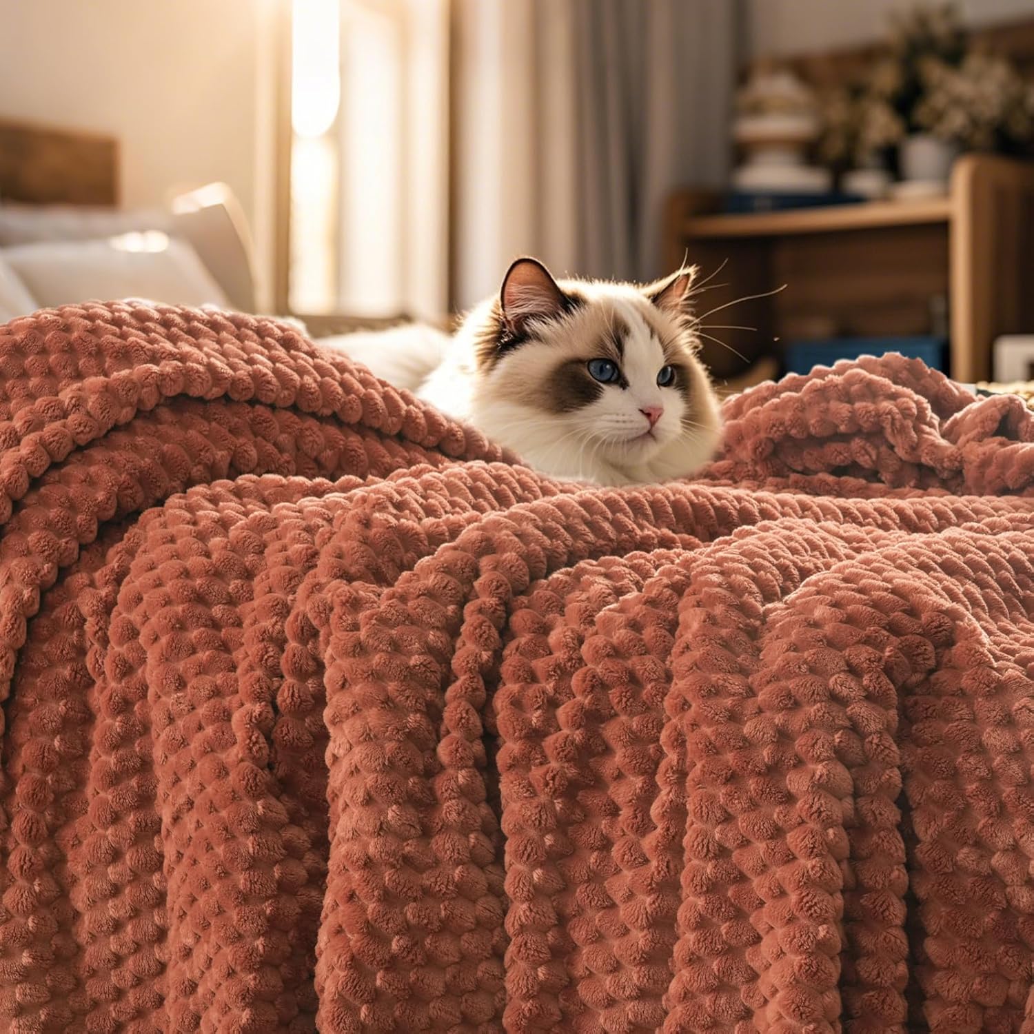 PHF Ultra Soft Flannel Fleece Blanket King Size, Lightweight 3D Jacquard Fleece Blanket, No Shedding, No Pilling, Luxury 340GSM Aesthetic Fluffy Cozy for Bed Room Decor, 108"x90", Burnt Umber