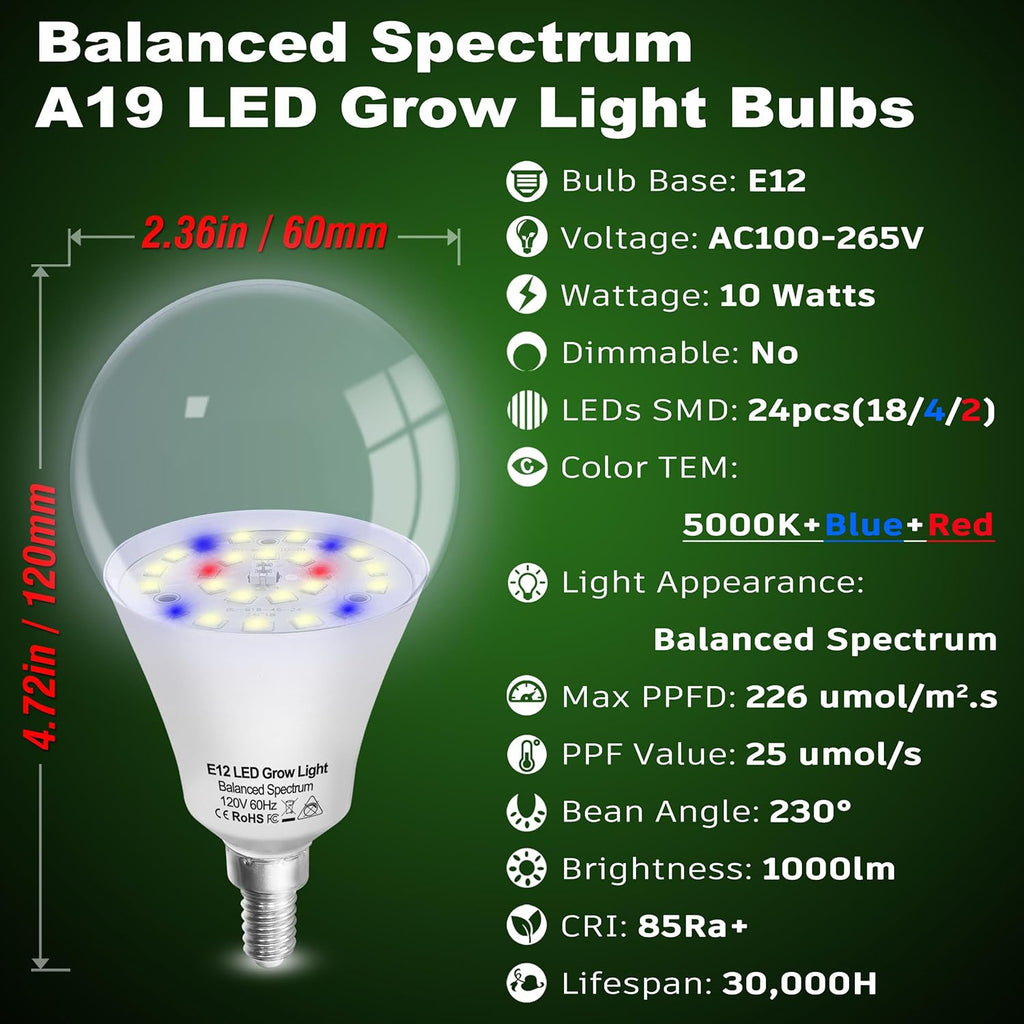 Candelabra LED Plant Grow Light Bulbs E12 Indoor Plants Full Spectrum,Small Base LED Sun Light Bulbs Plant Growing 100W Equivalent with Balanced Spectrum 5000K Red Blue for Seeds Greens Flower,1Pcs
