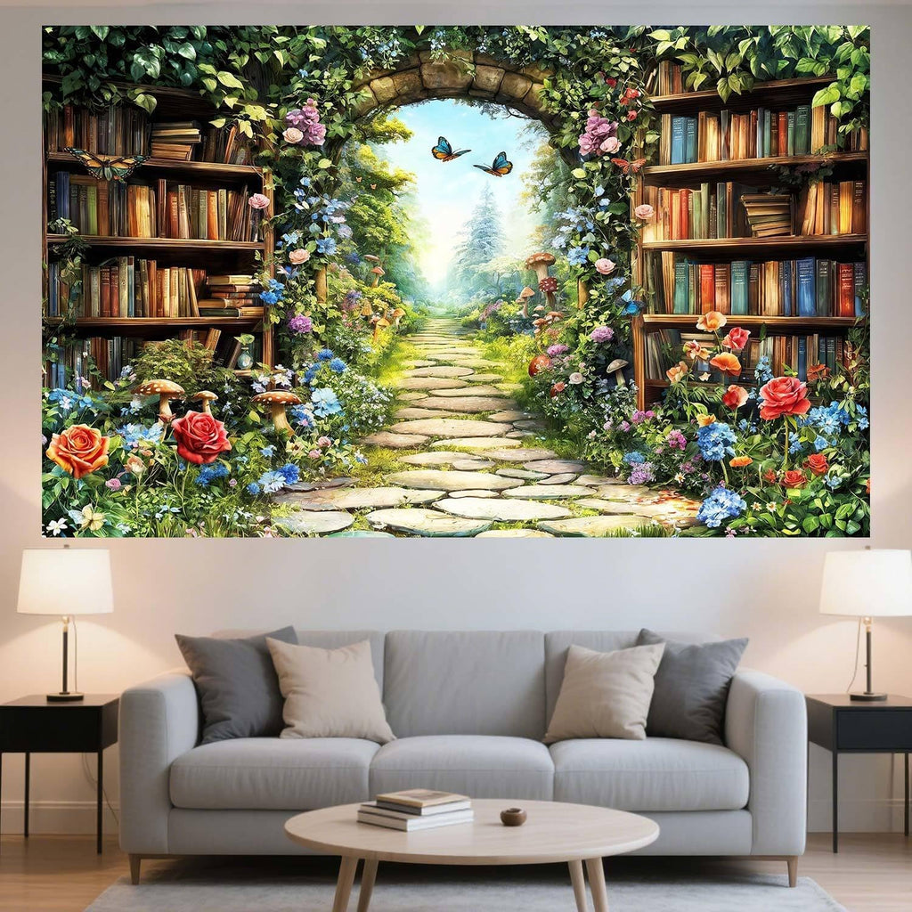 7X5ft Fairy Forest Wonderland Photography Backdrop Enchanted Library Garden Path with Floral Plants Butterflies Nature Magic Photo Studio Props for Birthday Baby Shower Party Decor