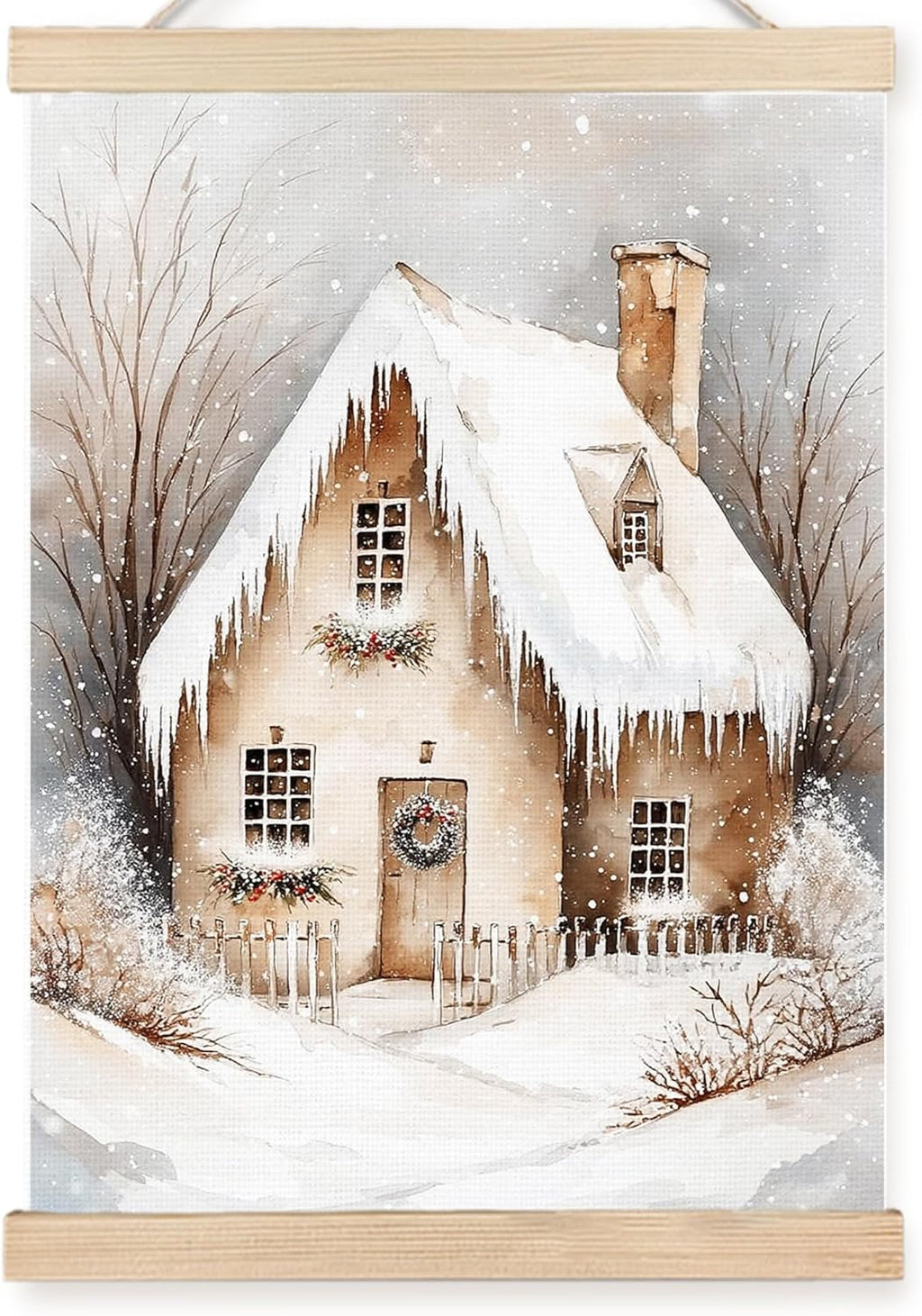 FDHSPAAM Neutral Christmas Cottage Wall Art Decor, Vintage Christmas Decor, Cozy Winter Rustic Snow Covered Houses Wall Art Posters for Home Bedroom Living Room, 12x16 Inch