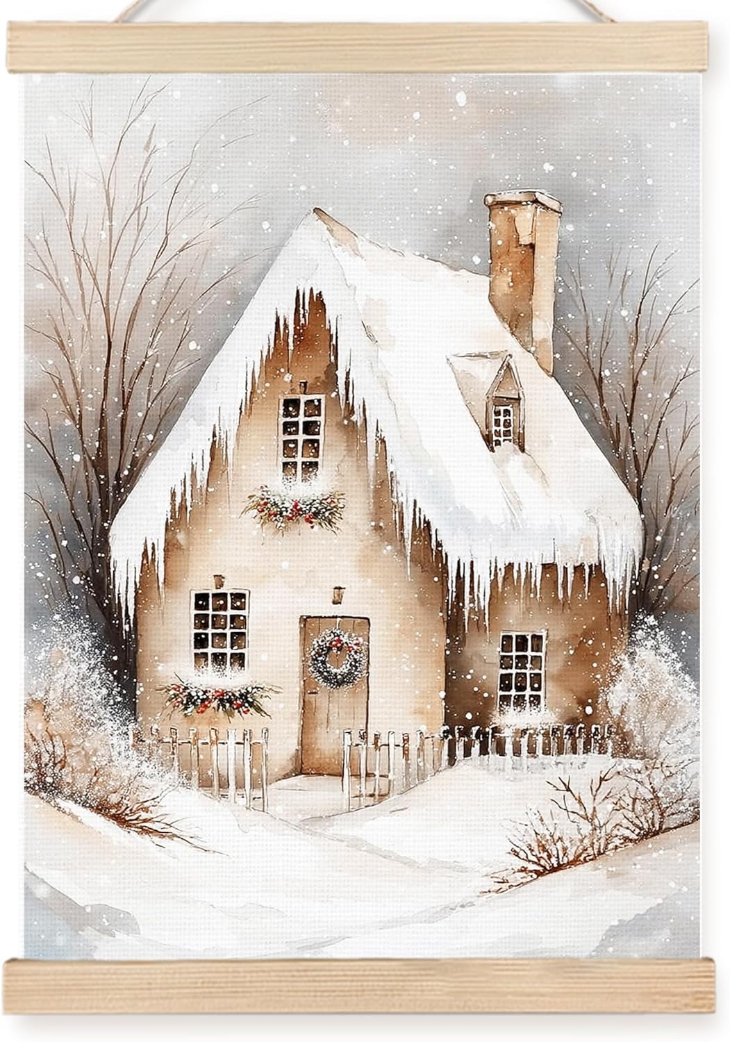 FDHSPAAM Neutral Christmas Cottage Wall Art Decor, Vintage Christmas Decor, Cozy Winter Rustic Snow Covered Houses Wall Art Posters for Home Bedroom Living Room, 12x16 Inch