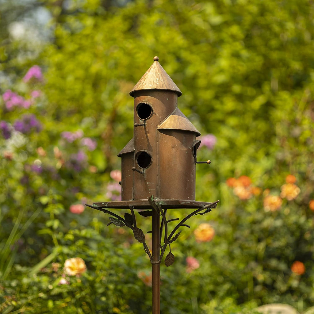 Zaer Ltd. Large Copper Colored Multi-Birdhouse Stakes, Room for 4 Bird Families in Each (Tall Triple Cylinder Homes (Copper Color))