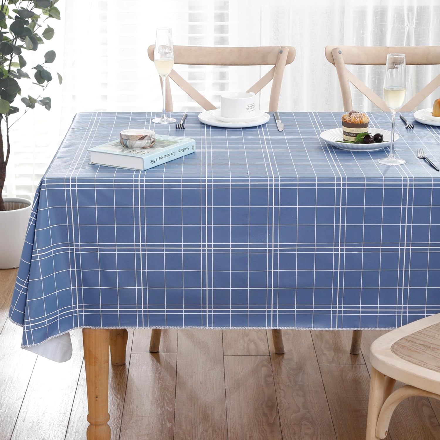 Heavy Duty Vinyl Tablecloth with Flannel Backing Waterproof Oil-Proof Plastic Table Cloth Stain-Resistant Wipeable Rectangle or Square Table Cover for Indoor and Outdoor (Blue Grid，60x102 Inch)