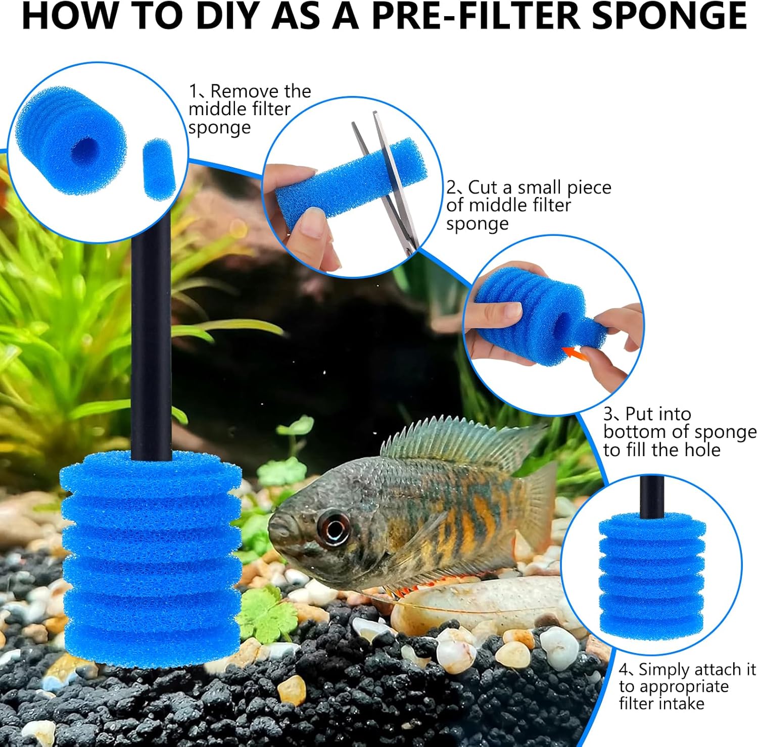 fishkeeper Bio Filter Sponge for Aquariums - 3 Pack, Washable and Reusable, Replacement Biological Filter Sponge Media for Fish Tanks