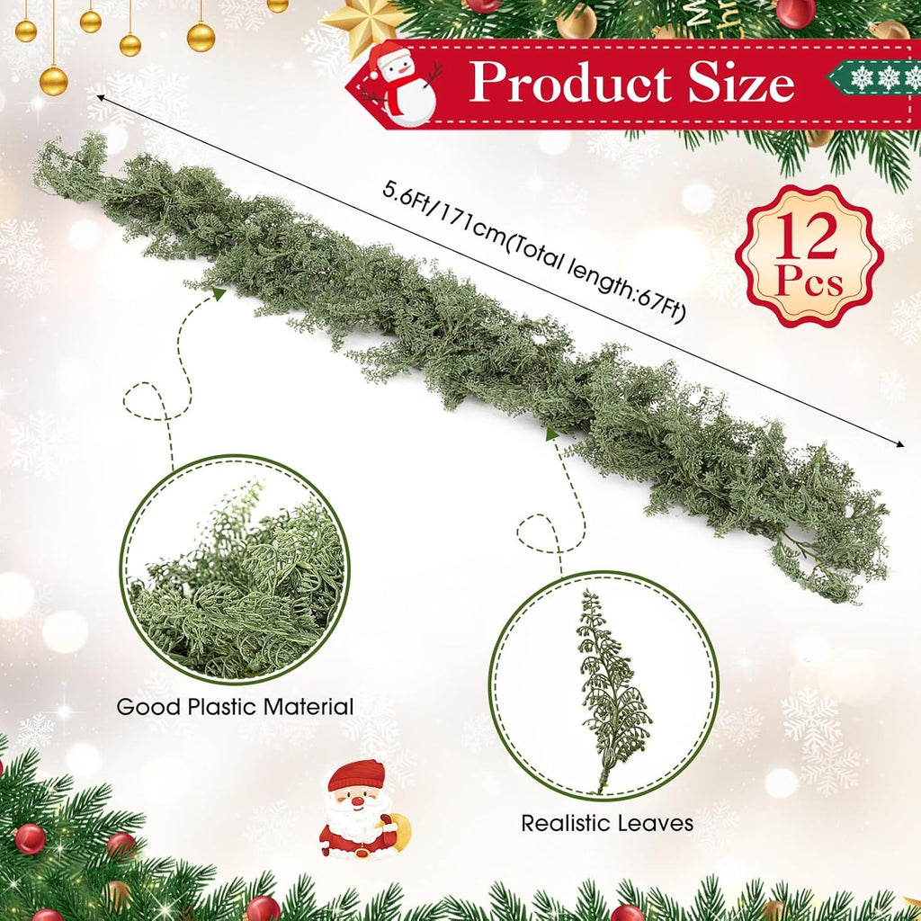 12 Pcs 5.6ft Artificial Christmas Pine Garlands Faux Berry Shaped Pine Garlands Realistic Leaves Hanging Greenery Plant for Christmas Table Fireplace Wall Mantle Indoor Xmas Decor