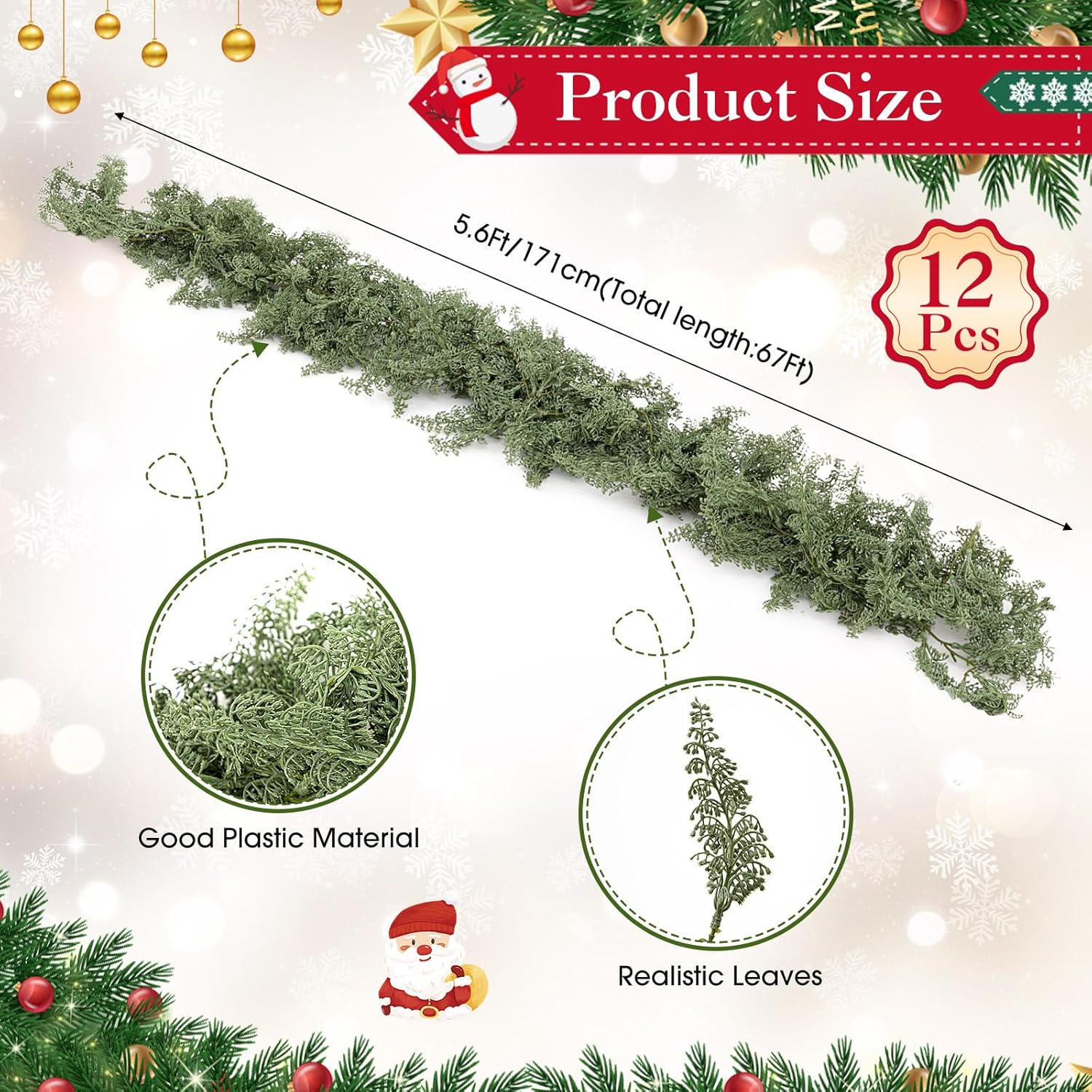 12 Pcs 5.6ft Artificial Christmas Pine Garlands Faux Berry Shaped Pine Garlands Realistic Leaves Hanging Greenery Plant for Christmas Table Fireplace Wall Mantle Indoor Xmas Decor