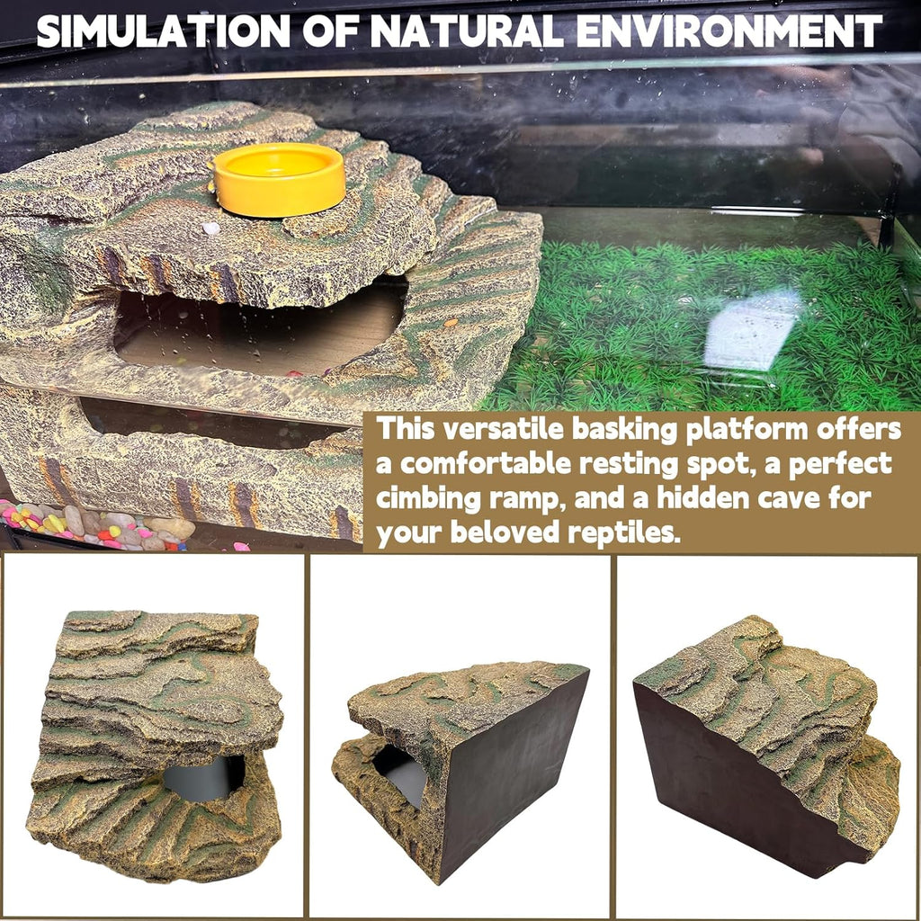 kathson Turtles Basking Platform, Reptile Cave Hideout,Tortoise Resting Terrace with Climbing Ramp,Turtle Resin Dock Tank Accessories Decor for Amphibians, Lizard, Gecko, Frog, Salamander,Extra Large