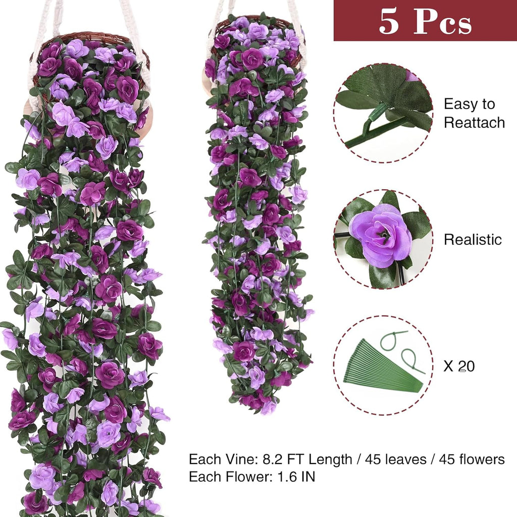 BLEUM CADE 5Pcs 41Ft Flower Garland Artificial Rose Vines for Bedroom, Cute Fake Hanging Flower Vines Floral Garland Decorations for Wedding Party Wall Room Decor Aesthetic
