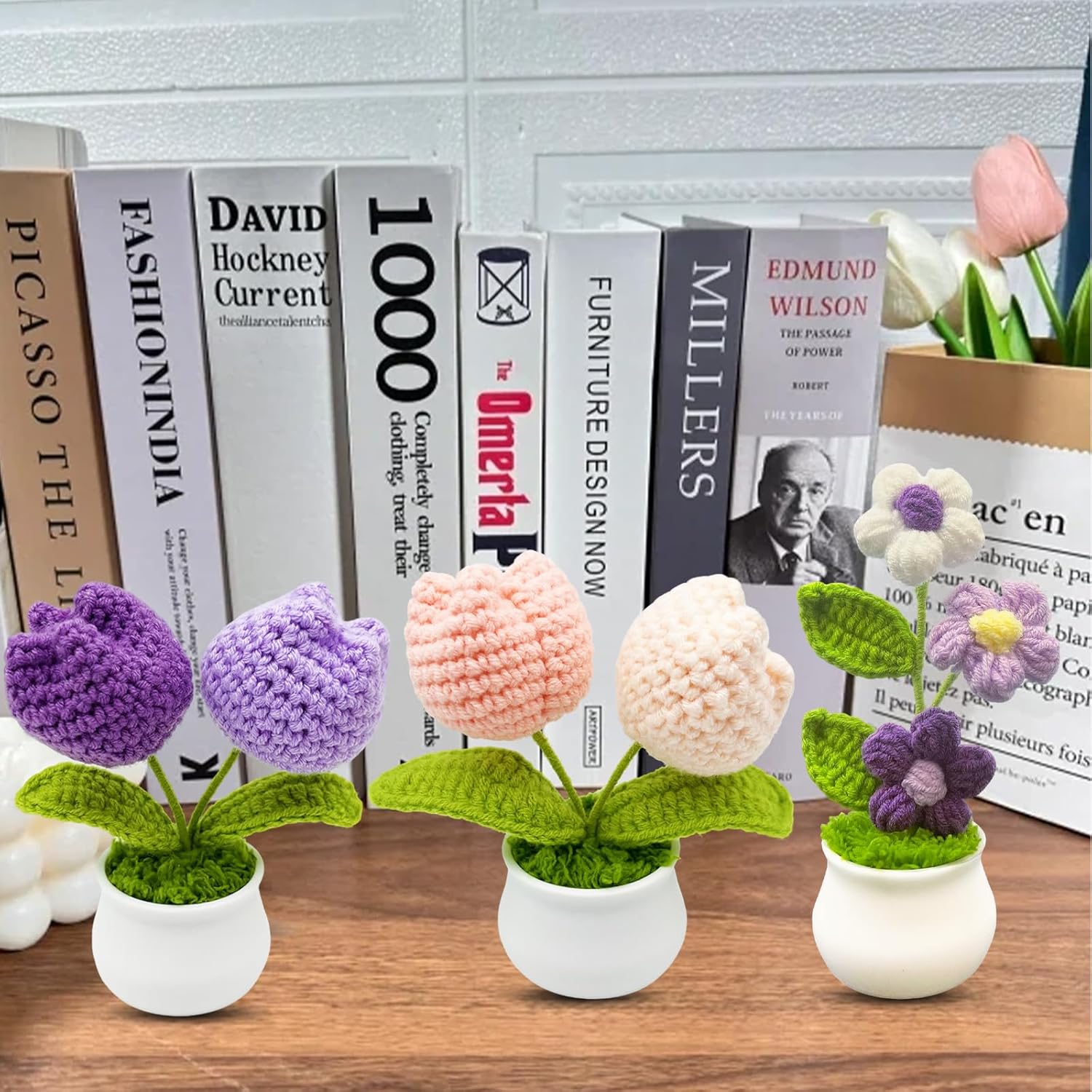 3pcs Crochet Flowers Cute Potted Flower,Mini Flower Bouquet for Mom Wife, Cute Desk Decor for Women,Artificial Handmade Flowers for Car Dashboard,Home Office Decoration (Color#5)