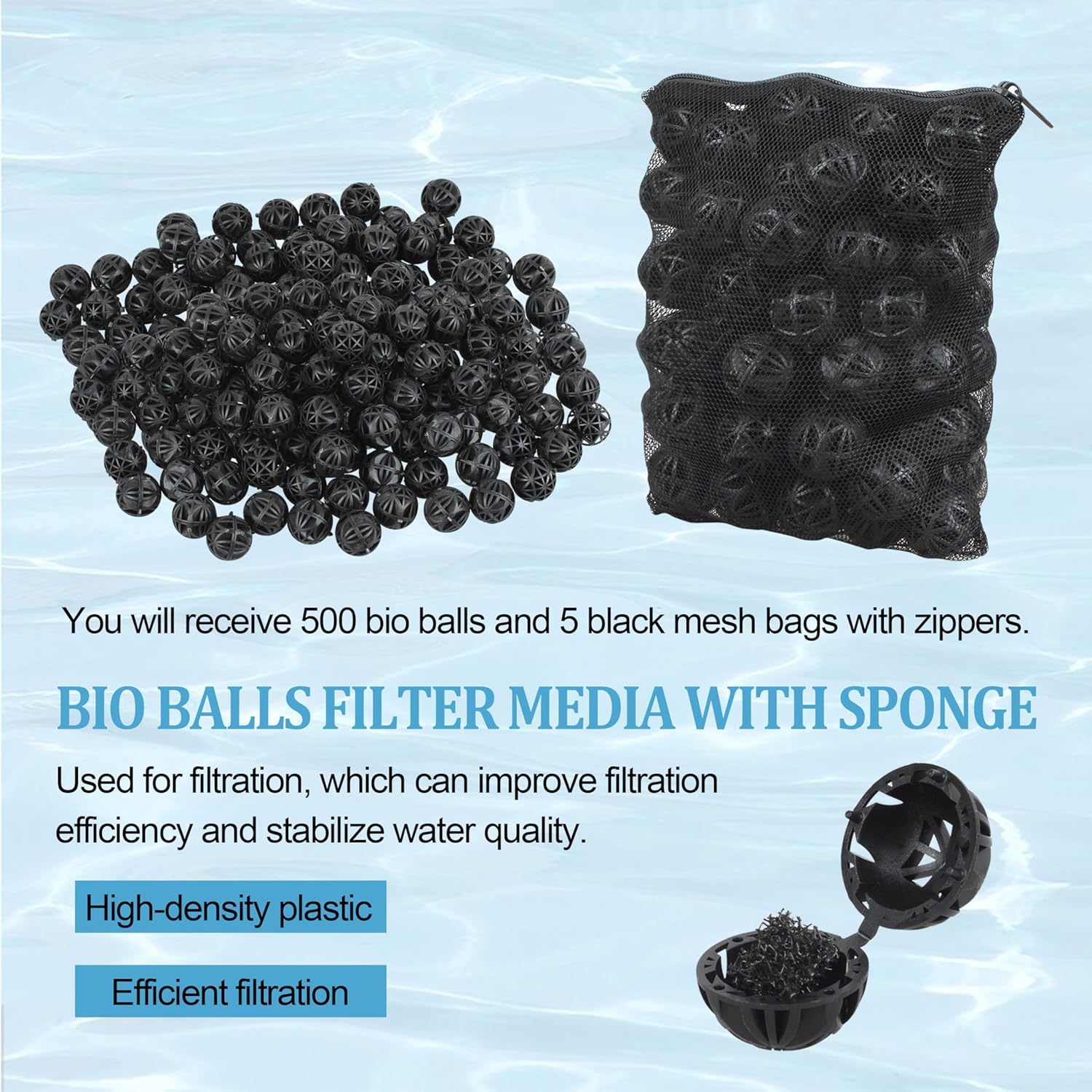 500 Pieces Black Bio Balls 1.02 Inch Internal Bioballs Filter Media for Aquarium Filter&Pond Filter with 5 Pieces Aquarium Filter Media Mesh Bags