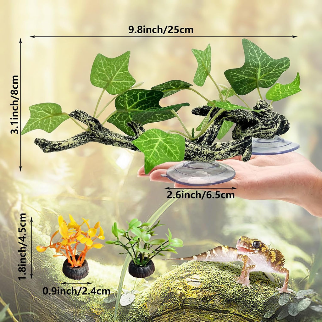 kathson 4 PCS Reptile Corner Branch Resin Snake Climb Tree Branch Decor Reptile Branches for Climbing with Suction Cups Frog Terrarium Plants for Lizard Bearded Dragons Gecko