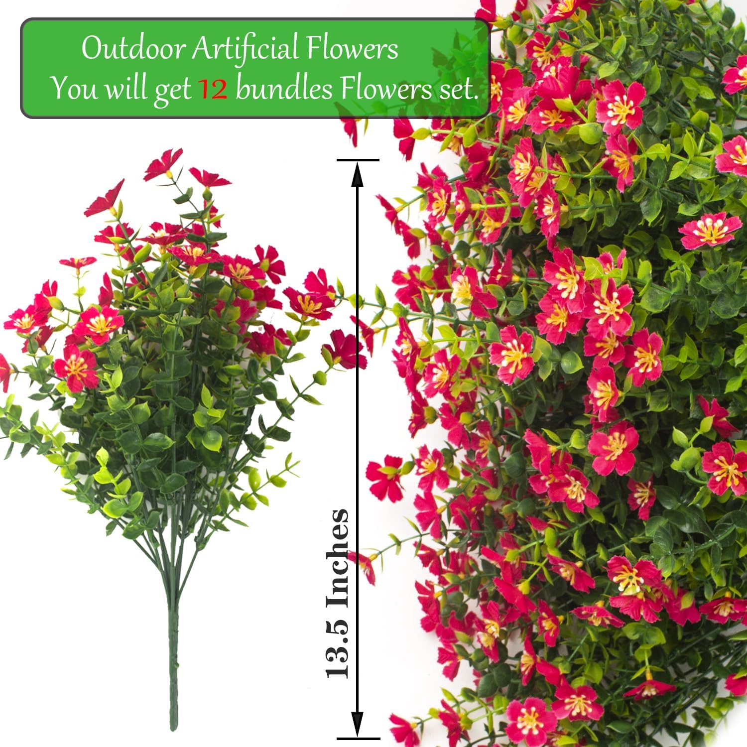 Outdoor Artificial Flowers UV Resistant & Fade Proof, 12 Pack Realistic Fake Flowers for Garden, Patio, Lawn Decor - Weatherproof Plastic Plants (Rose Red)